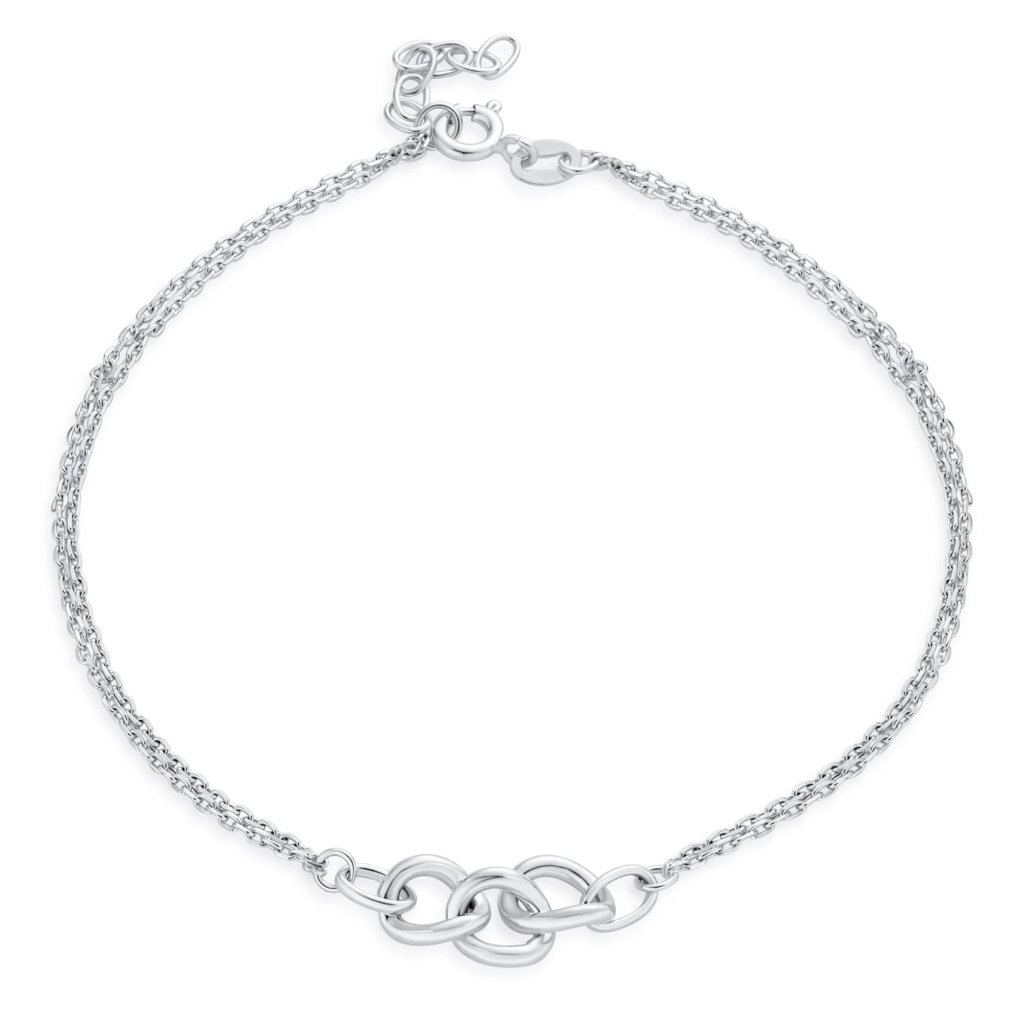 Double Chain Love Interlocking Anklet Ankle Bracelet Sterling Silver 9-10 Inch - Image 2
