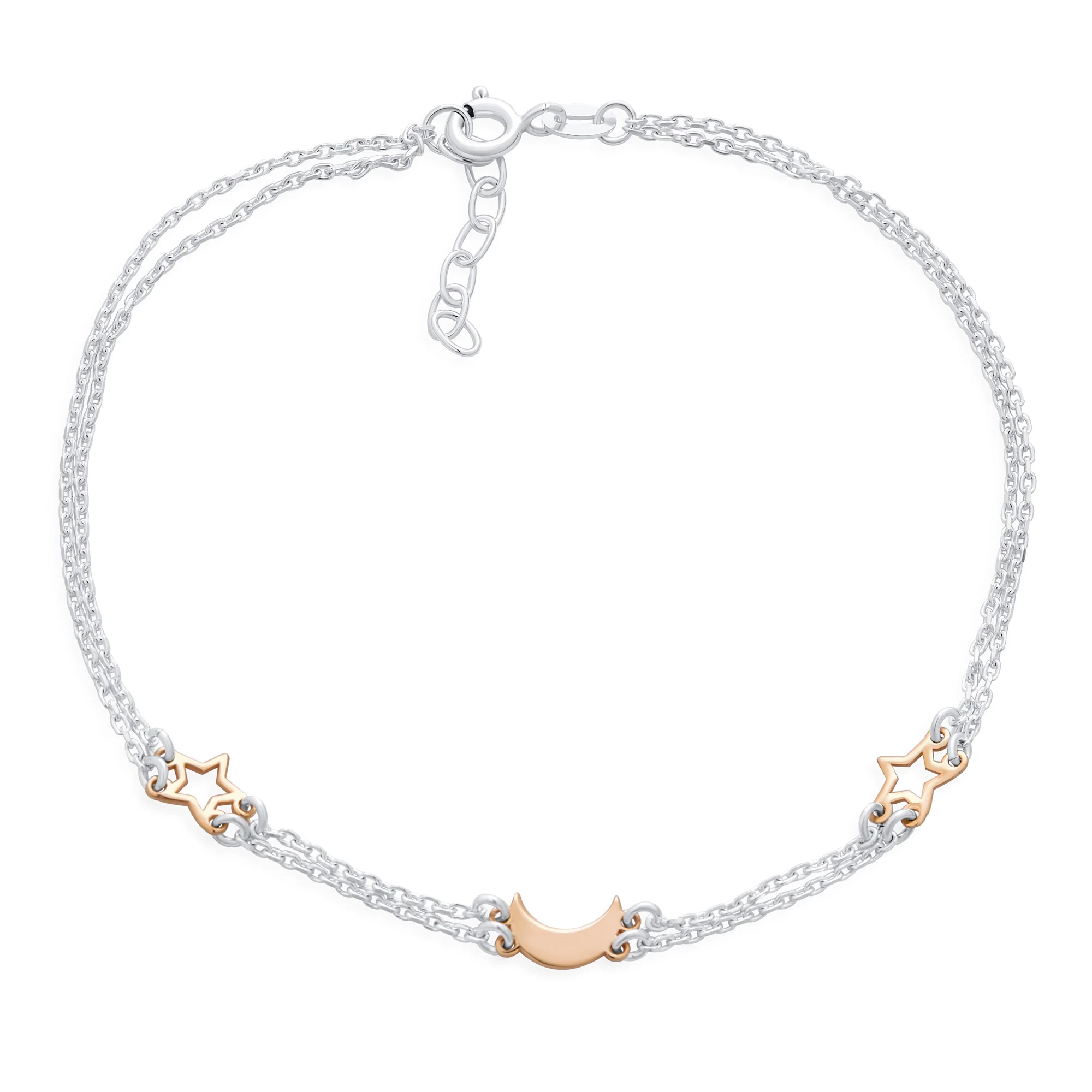 Double Chain Moon & Stars Anklet Ankle Bracelet Rose Gold Sterling Silver - Image 2