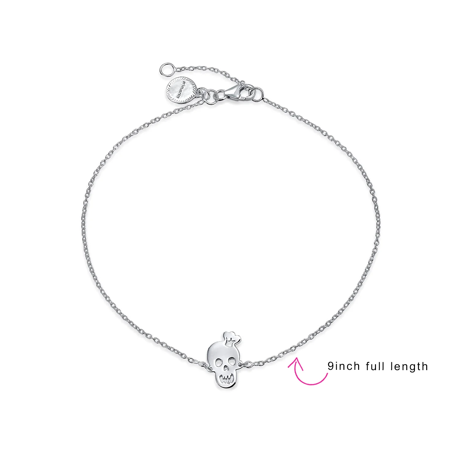 Whimsical Heart Eyes & Crown Smiling Skull Anklet Ankle Bracelet .925 Sterling Silver Adjustable - Image 4