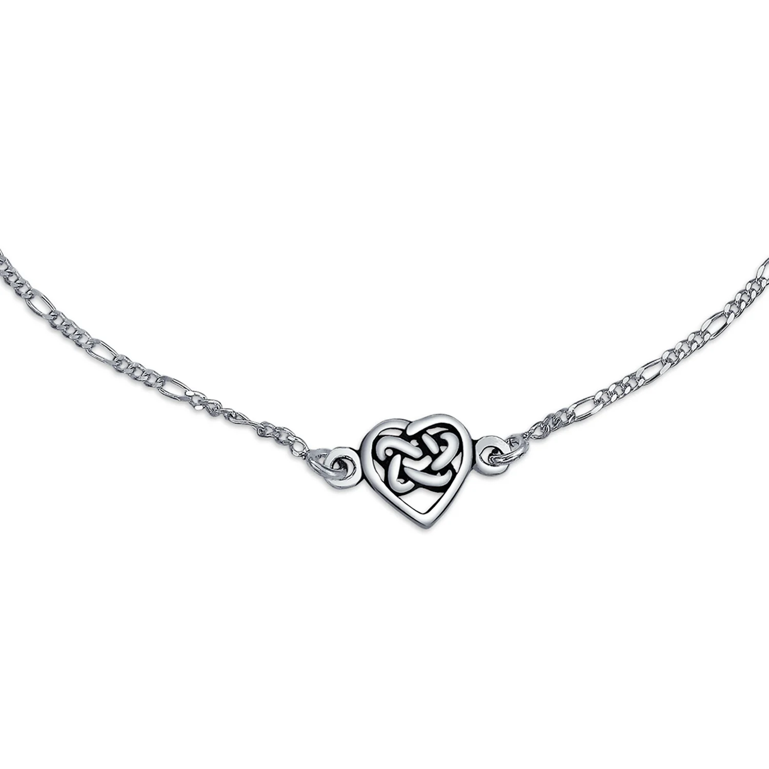 Love Knot Heart Celtic Anklet Ankle Bracelet Figaro Link Sterling Silver - Image 2
