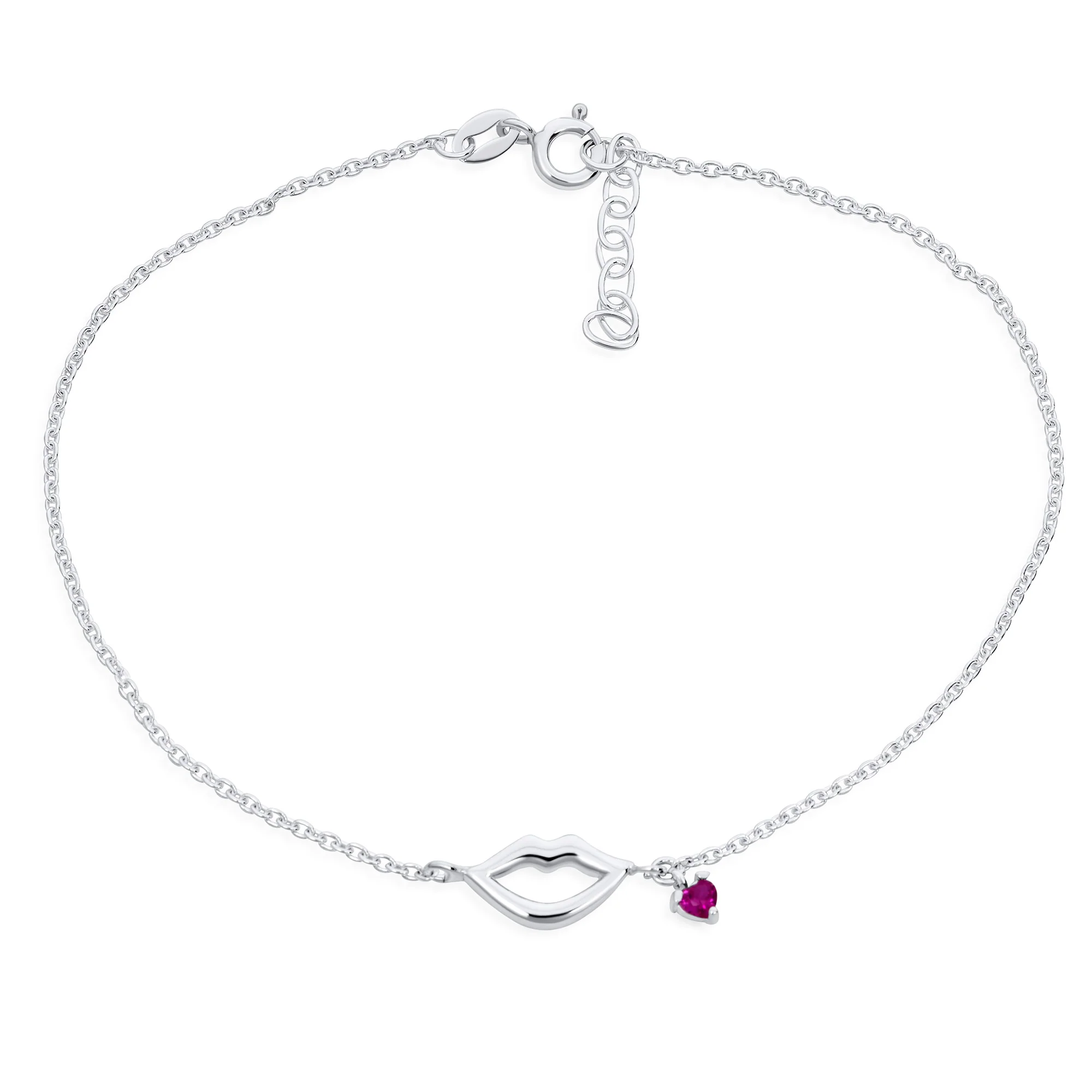 Lover Kiss & Lip Red Heart Charm Anklet Link Ankle Bracelet Sterling Silver 9-10 Inch Adjustable