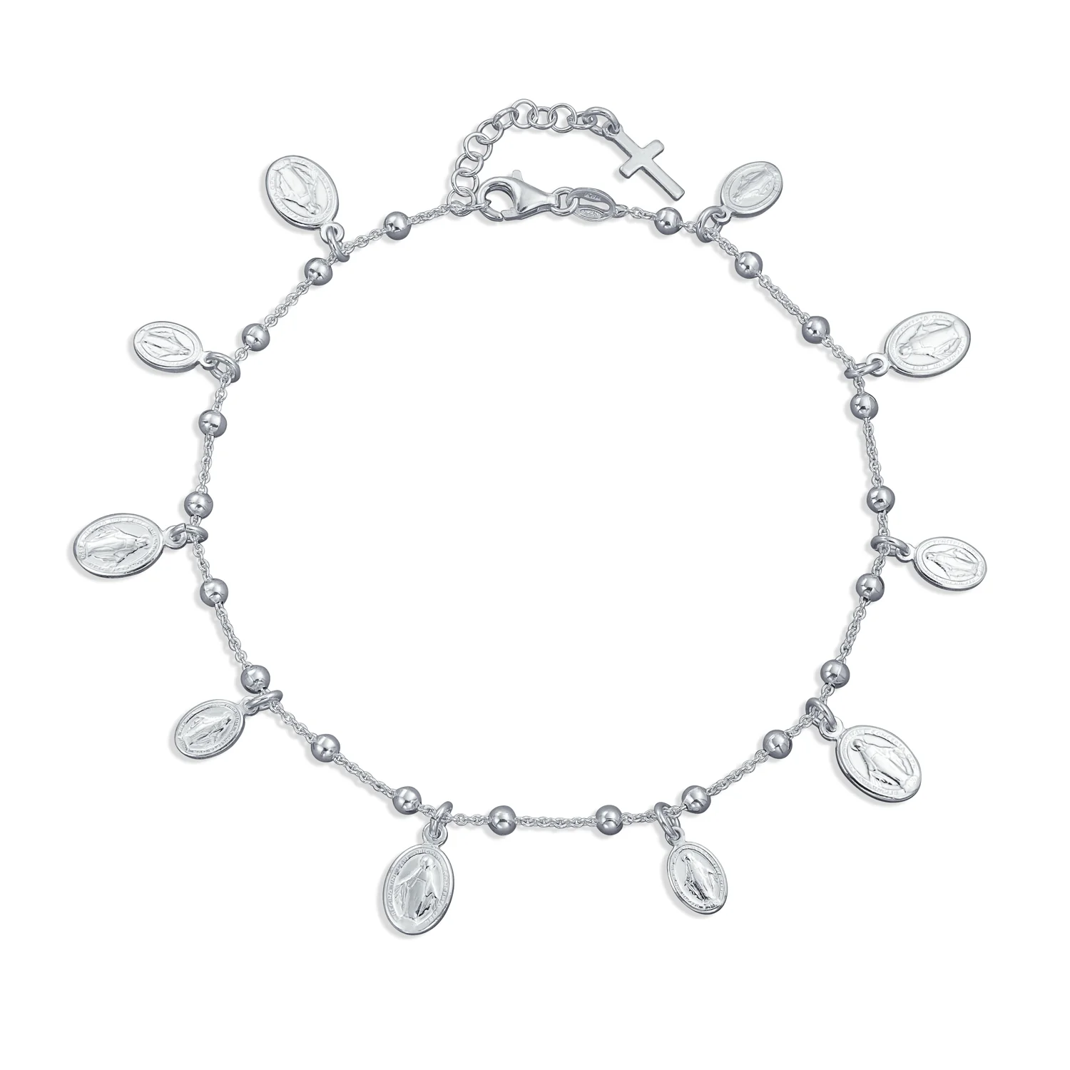 Religious Virgin Mary Medallion Dangle Charms Anklet Ankle Bracelet .925 Sterling Silver 10 Inch