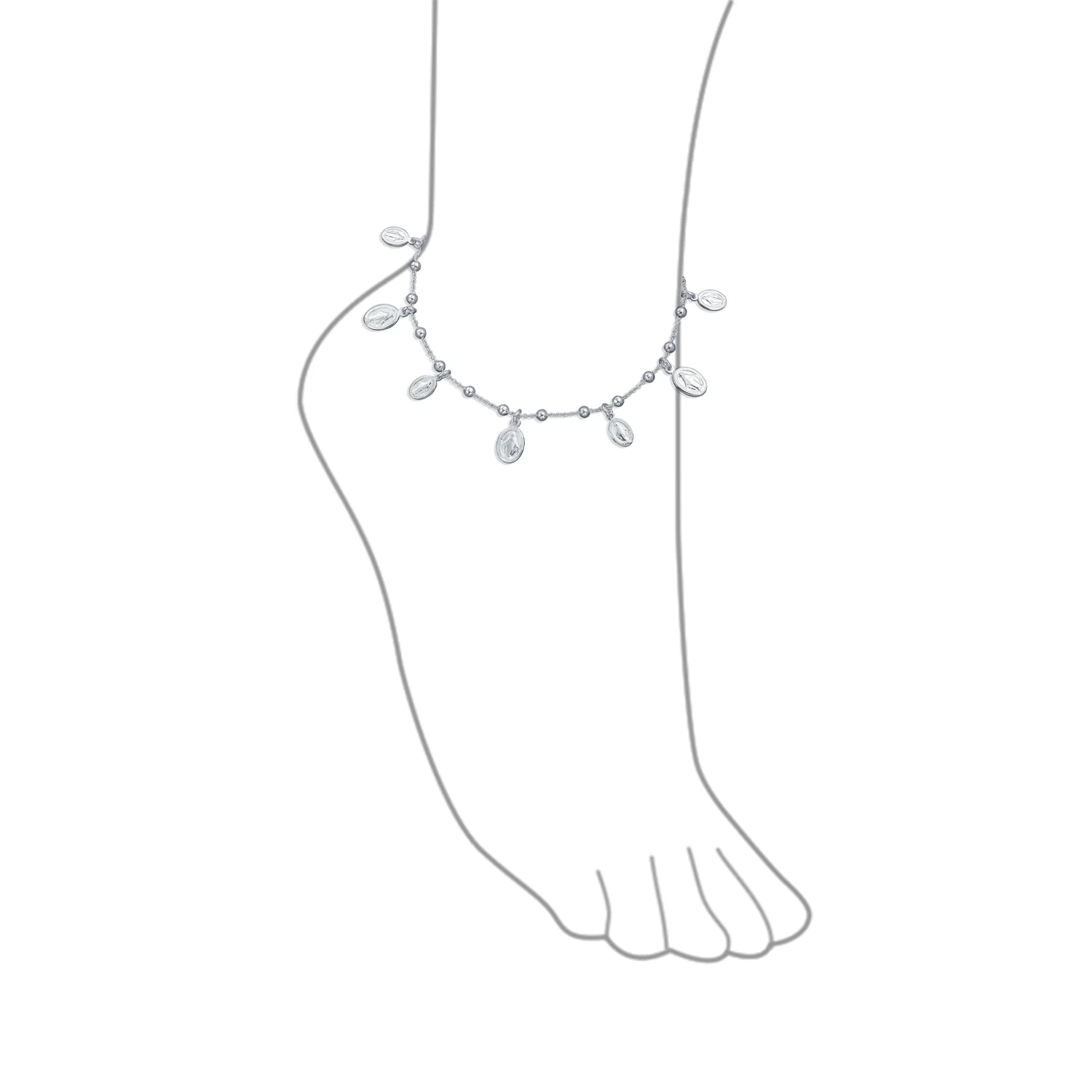 Religious Virgin Mary Medallion Dangle Charms Anklet Ankle Bracelet .925 Sterling Silver 10 Inch - Image 2