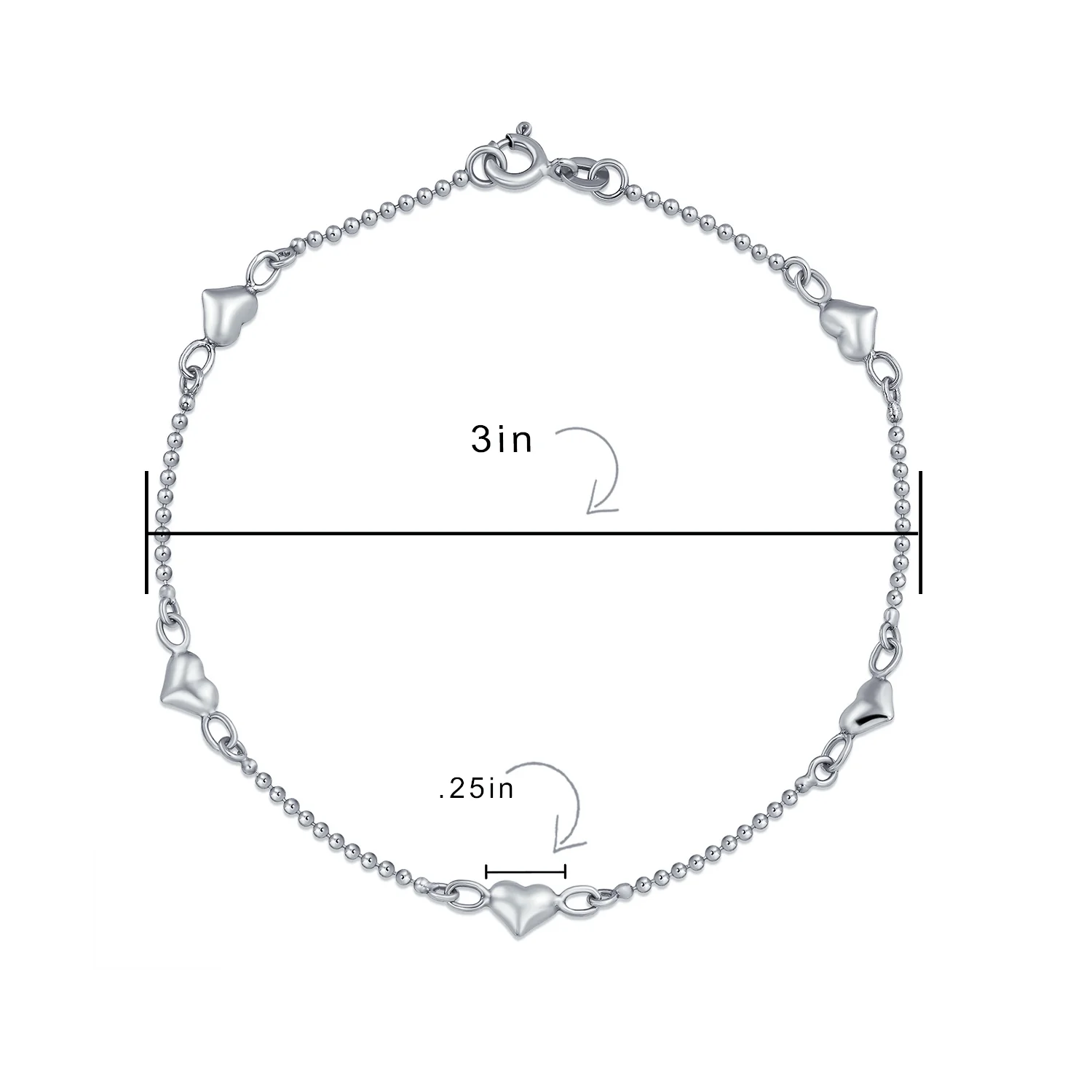 Romantic Delicate Puff Hearts Charm Anklet Ankle Bracelet Sterling Silver Beaded Chain 9 Inch - Image 4