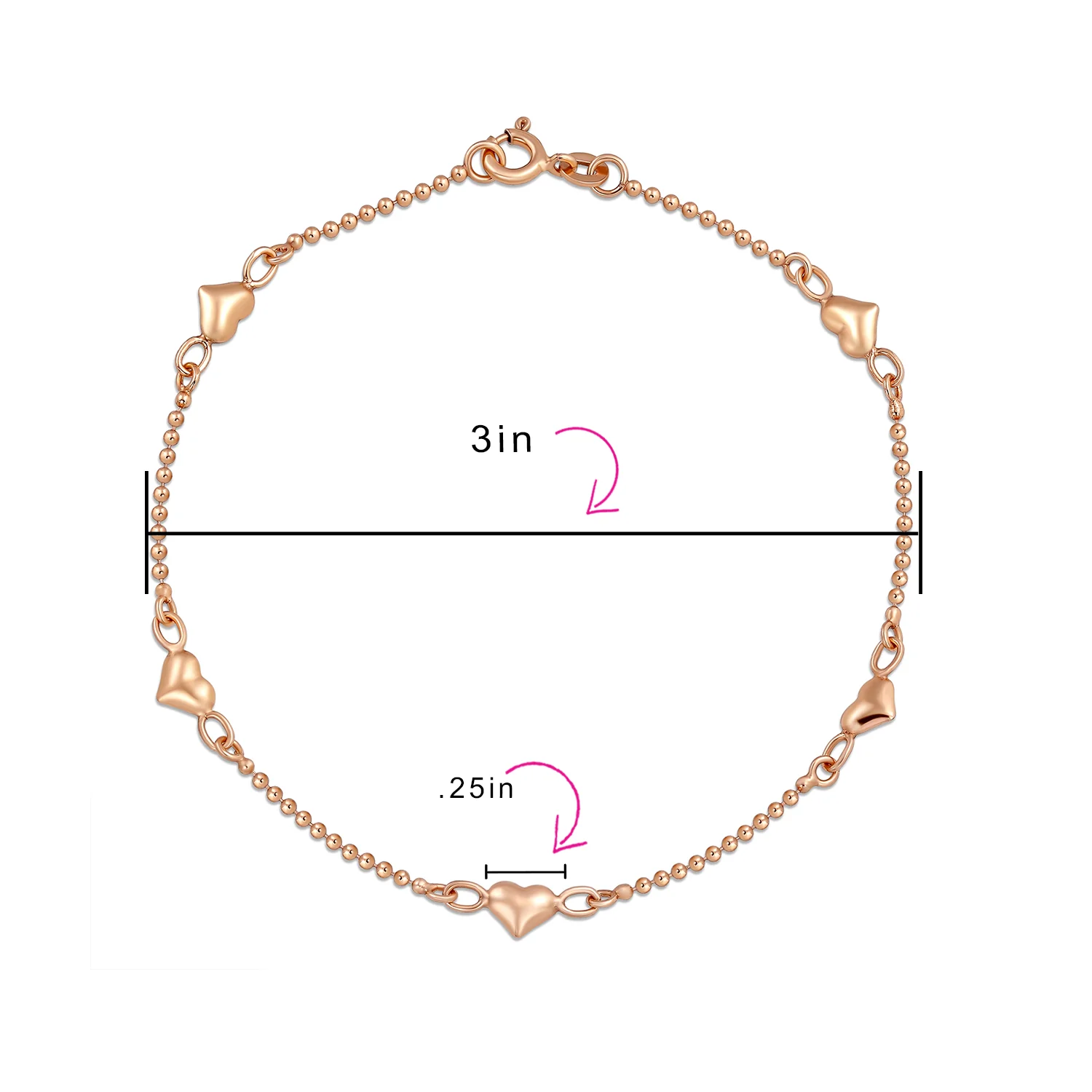 Romantic Delicate Puff Hearts Charm Anklet Ankle Bracelet Rose Gold Vermeil Sterling 9 Inch - Image 6