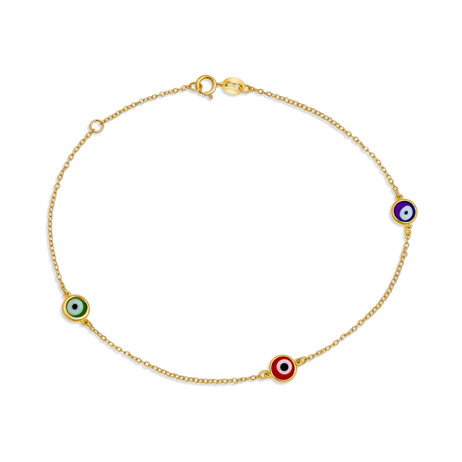 Protection Amulet Minimalist Multi Color Evil Eye Anklet Ankle Bracelet Yellow Gold Plated Sterling Silver Chain 9-10 Inch Adjustable - Image 2