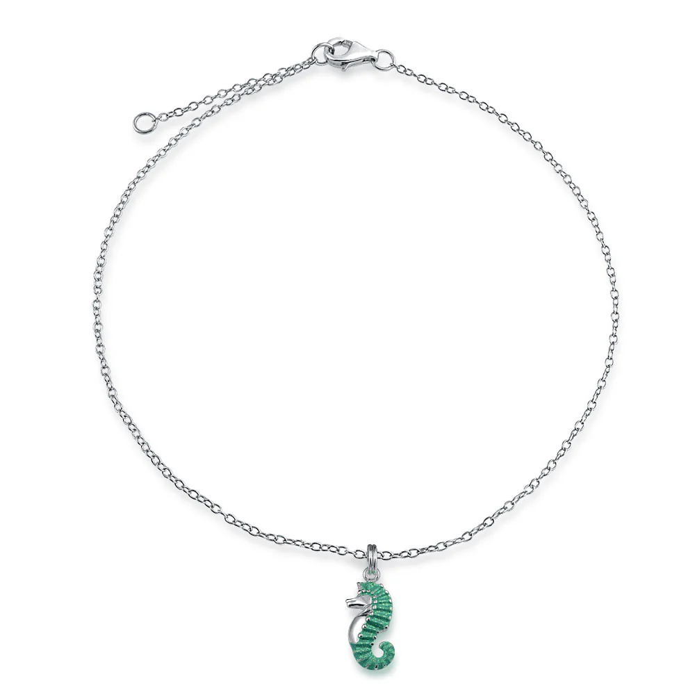 Teal Enamel Seahorse Charm Anklet Ankle Bracelet Sterling Silver 9-10 Inch