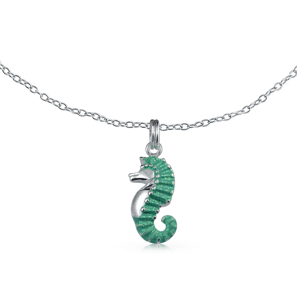 Teal Enamel Seahorse Charm Anklet Ankle Bracelet Sterling Silver 9-10 Inch - Image 2