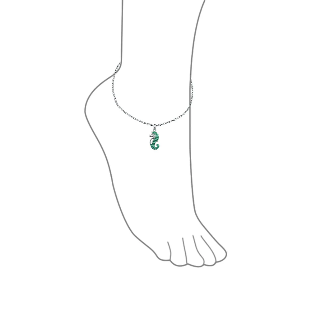 Teal Enamel Seahorse Charm Anklet Ankle Bracelet Sterling Silver 9-10 Inch - Image 3