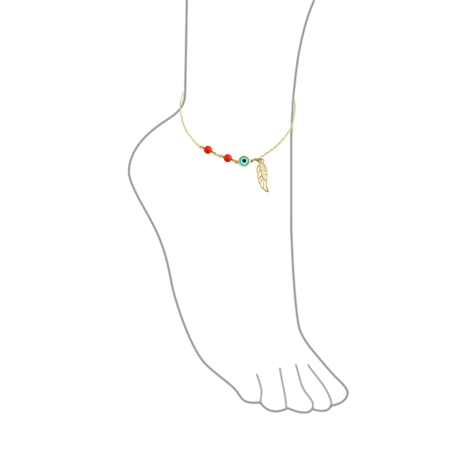 Turkish Spiritual Guardian Angel Wing & Evil Eye Anklet Bracelet 14k Gold Plated Sterling Silver - Image 3