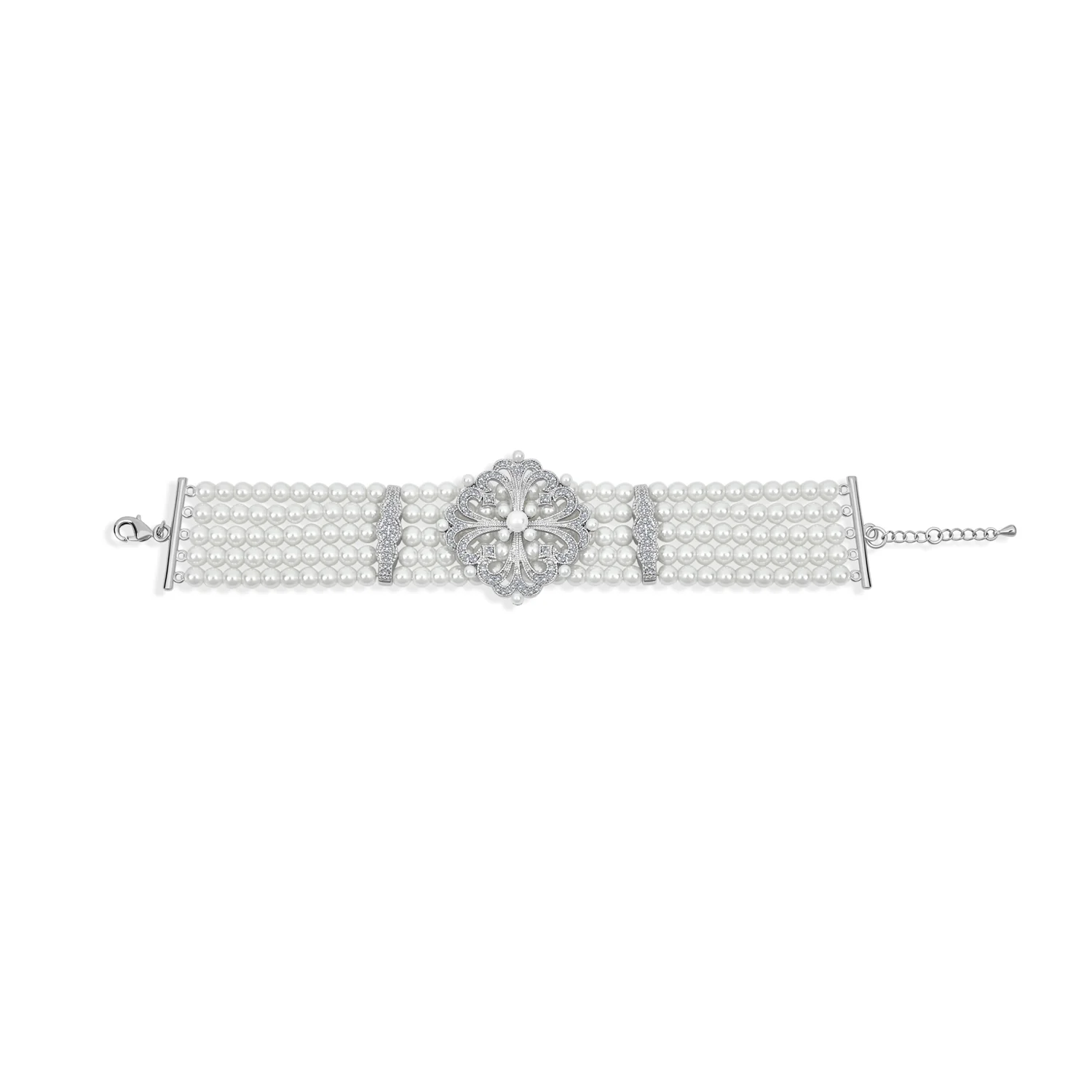 Antique Art Deco Style Statement 5 Row Wide Comfort Stretch White Simulated Pearl Floral Silver Plated Brass