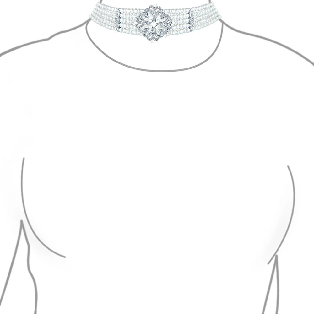 Antique Art Deco Style Statement 5 Row Wide Comfort Stretch White Simulated Pearl Floral Silver Plated Brass - Image 2