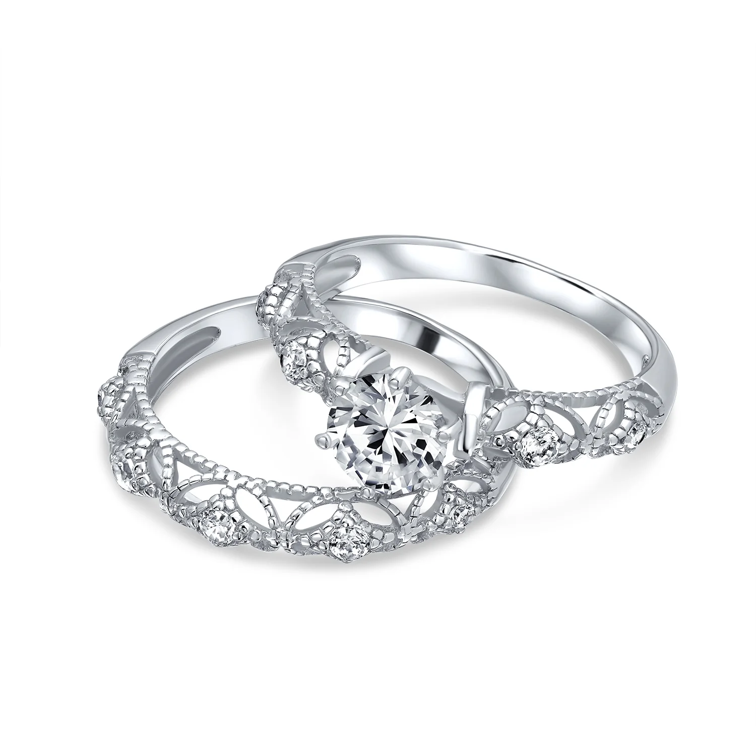 Vintage Style 1CT Round CZ Solitaire & Filigree Band Engagement Ring Set .925 Sterling Silver - Image 2
