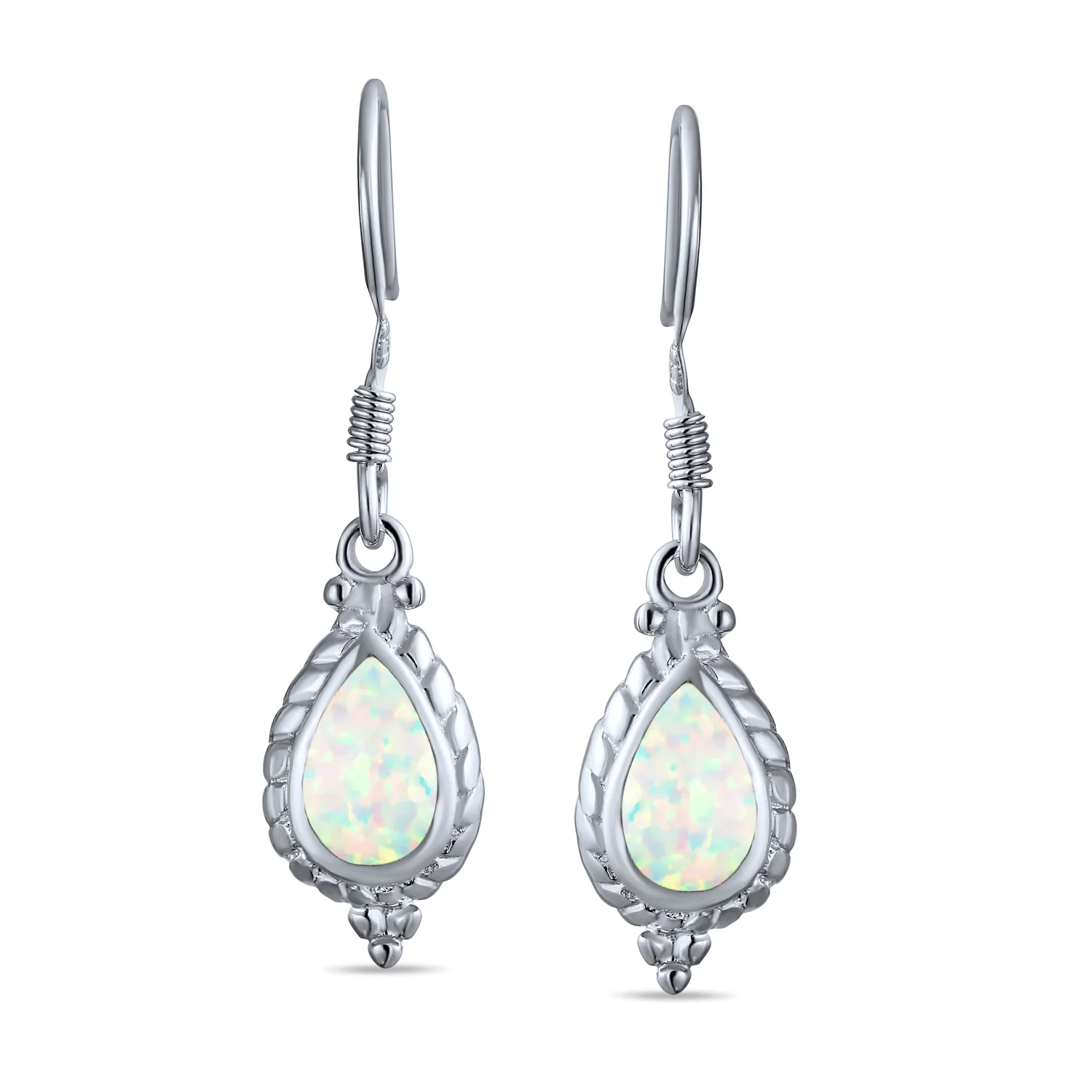 Antique Dangle Gemstone Earrings Iridescent Opal Silver - Image 3