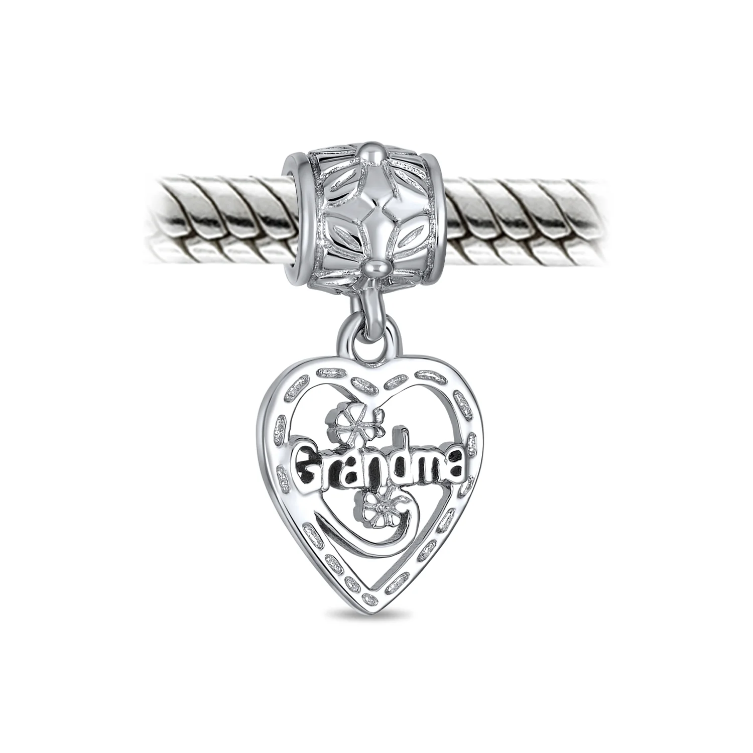 Set of 2 Heart Grandma Dangle & Flower Garden Black Rose Charm Bead Silver - Image 6