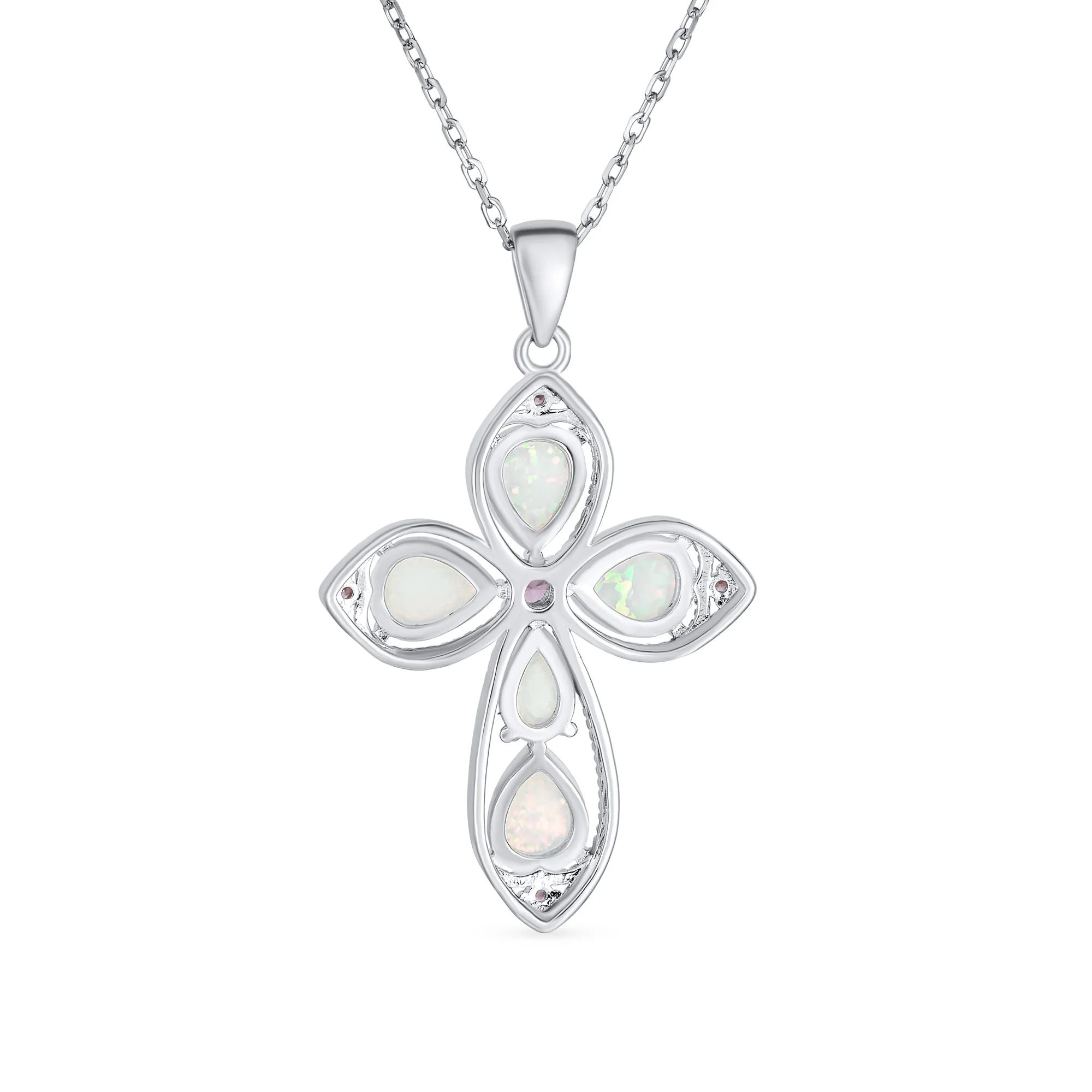 Elegant Spiritual Created White Opal Cross Necklace Pendant .925 Sterling Silver - Image 2