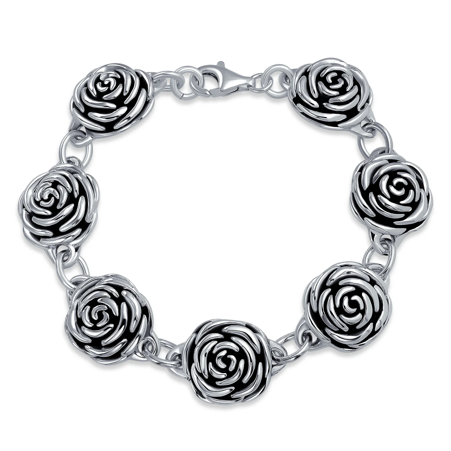 Antiqued Finish 3D Garden Flower Strand Bracelet Black Rose