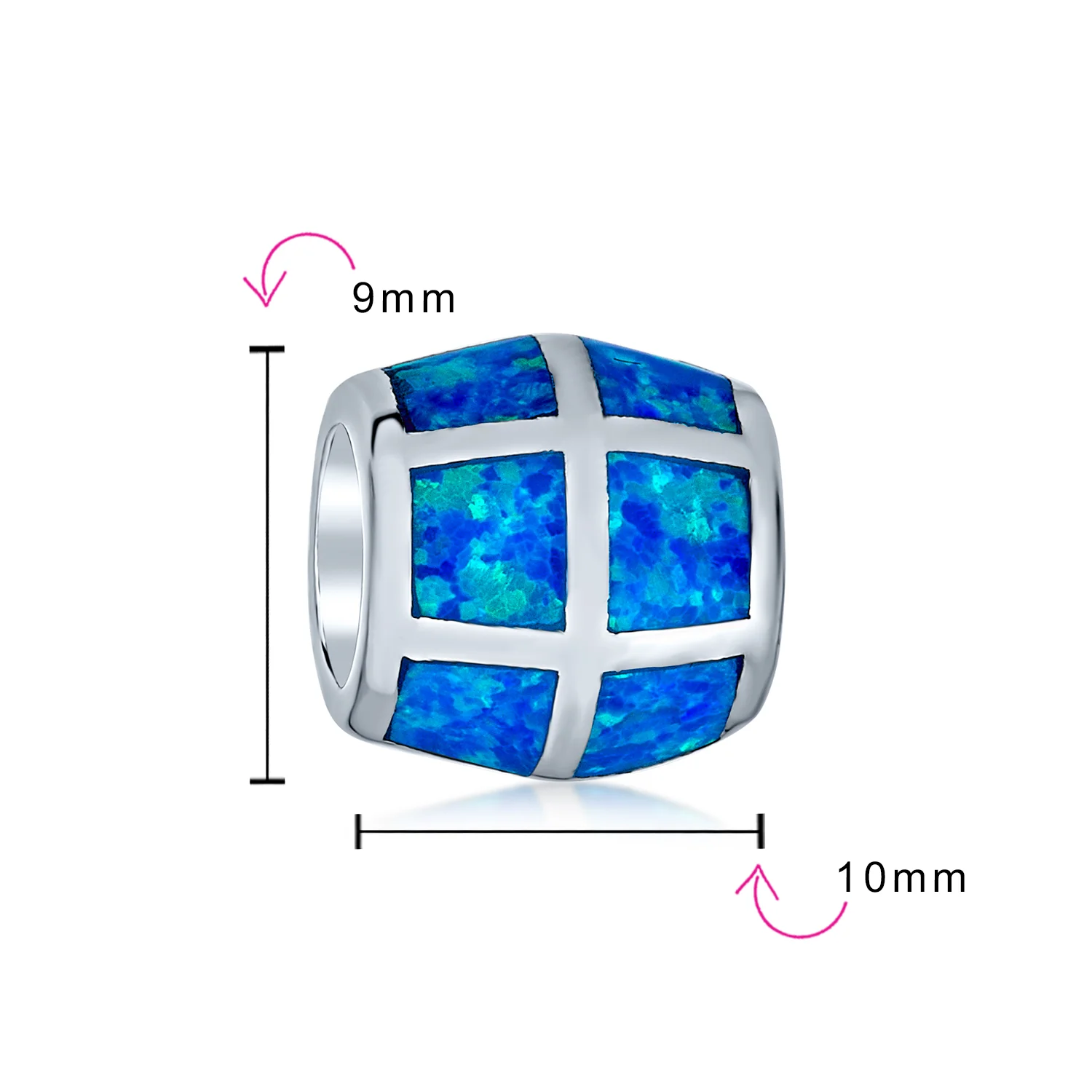 Created Blue Opal Inlay Barrel Charm Bead .925 Sterling Silver For Bracelet - Image 3