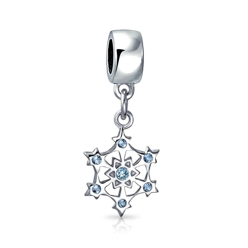 Aqua Ice Blue CZ Christmas Charm Bead Snowflake Silver
