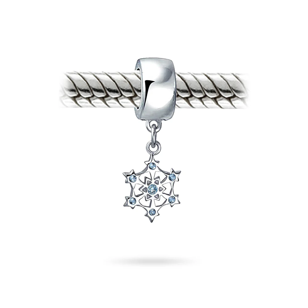 Aqua Ice Blue CZ Christmas Charm Bead Snowflake Silver - Image 2