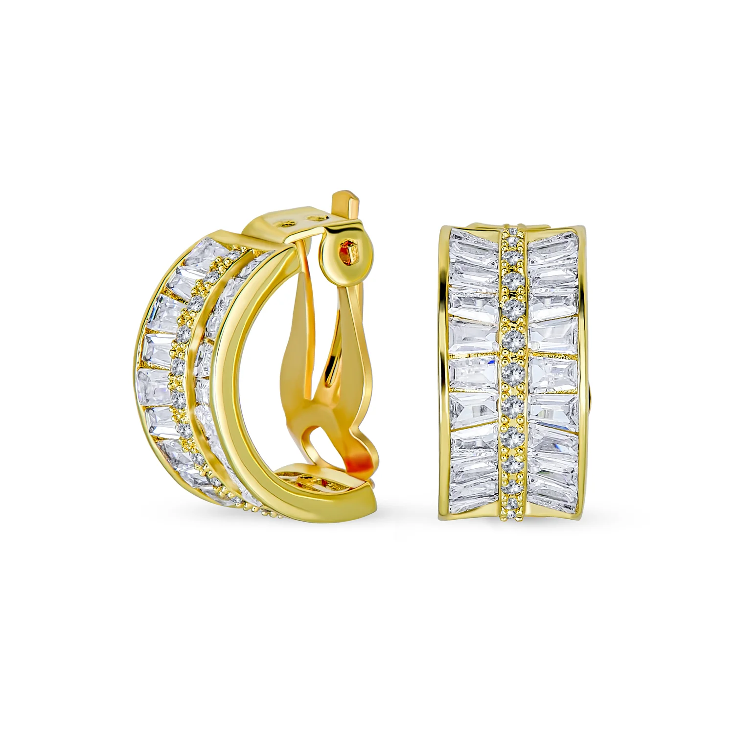 Art Deco Style Cocktail CZ Cubic Zirconia Half Hoop Baguette Earrings Clip On