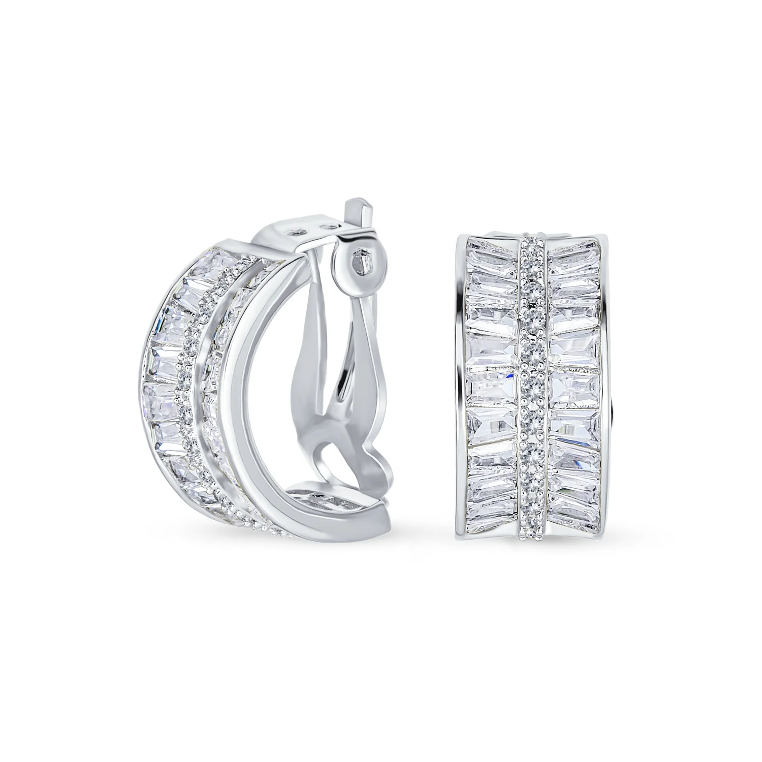 Art Deco Style Cocktail CZ Cubic Zirconia Half Hoop Baguette Earrings Clip On - Image 2