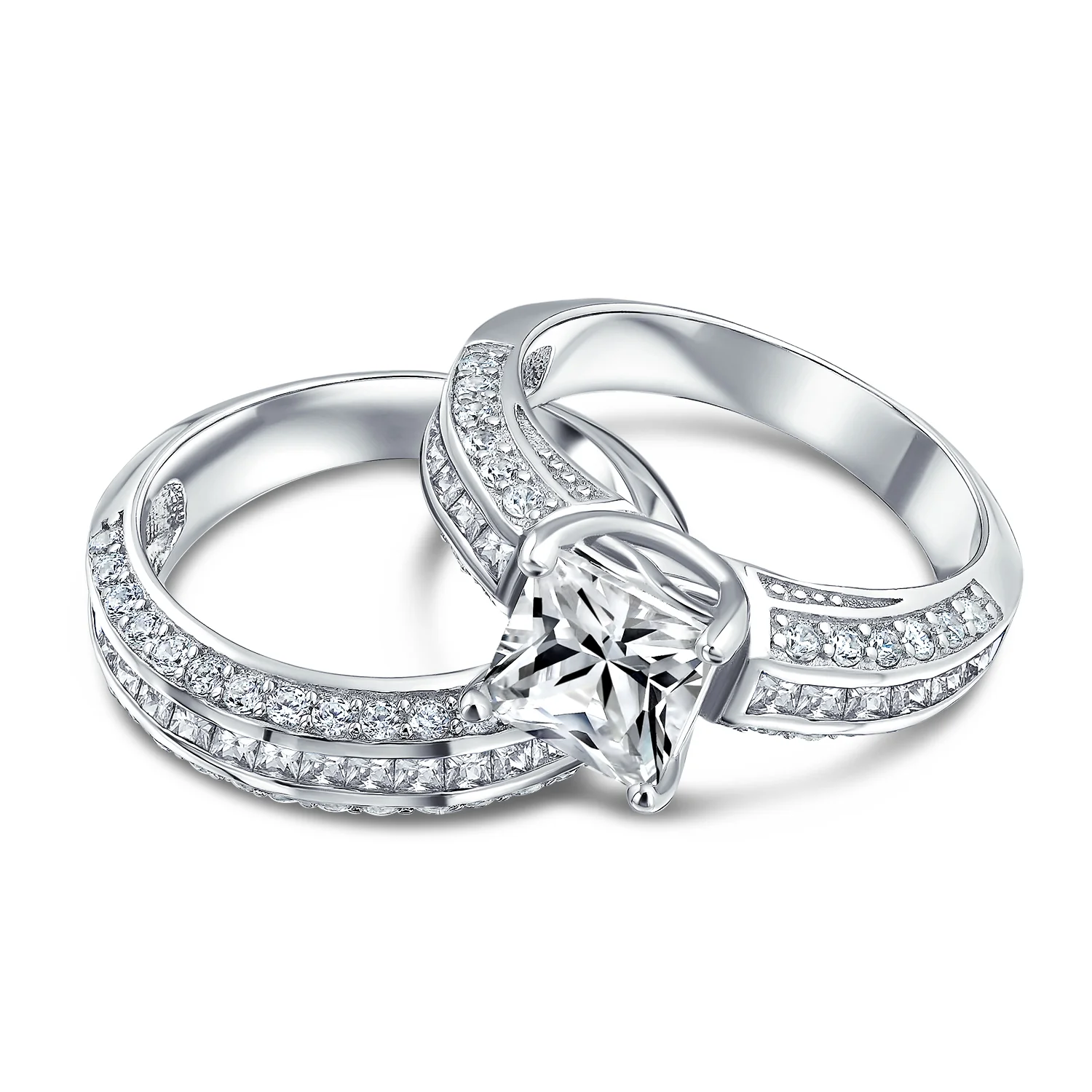 3CT Art Deco Style Princess Cut Solitaire CZ Wedding Ring Set Sterling Silver - Image 3