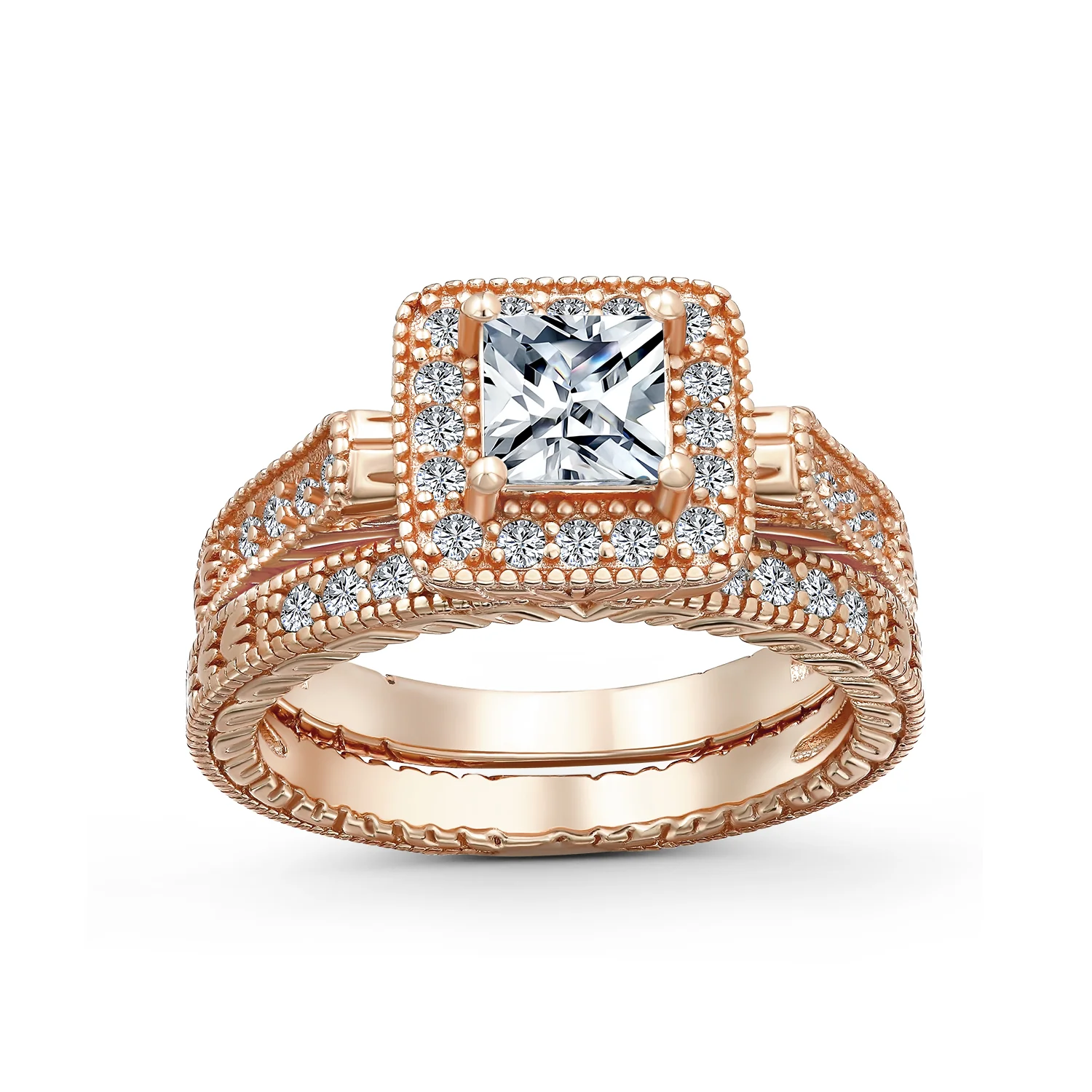 Art Deco Style Cubic Zirconia Halo CZ Princess Cut Solitaire Engagement Ring Band Set Sterling Silver - Image 3