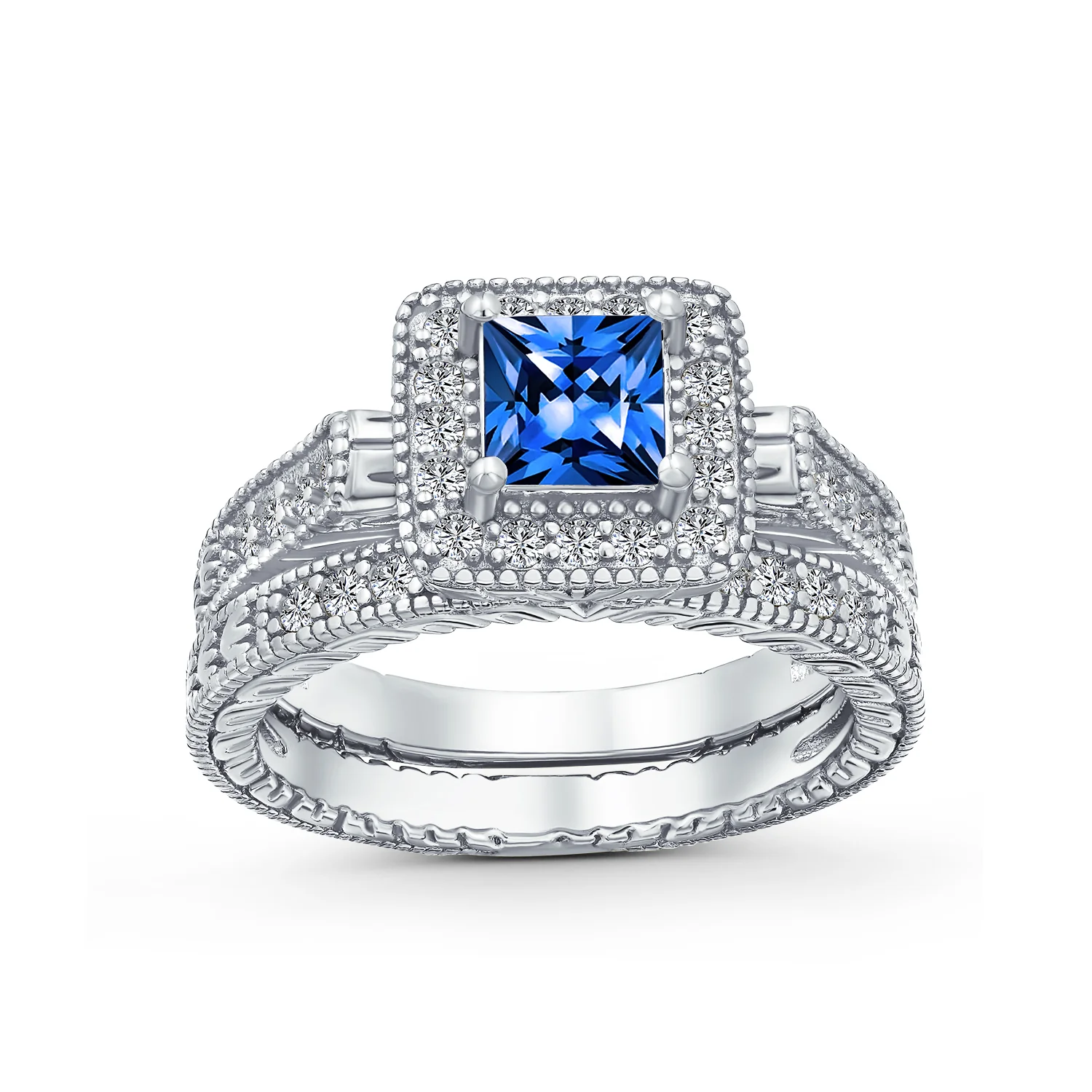 Art Deco Style Cubic Zirconia Halo CZ Princess Cut Solitaire Engagement Ring Band Set Sterling Silver - Image 4