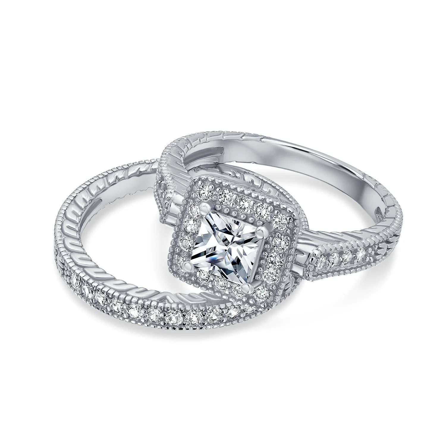 Art Deco Style Cubic Zirconia Halo CZ Princess Cut Solitaire Engagement Ring Band Set Sterling Silver - Image 5