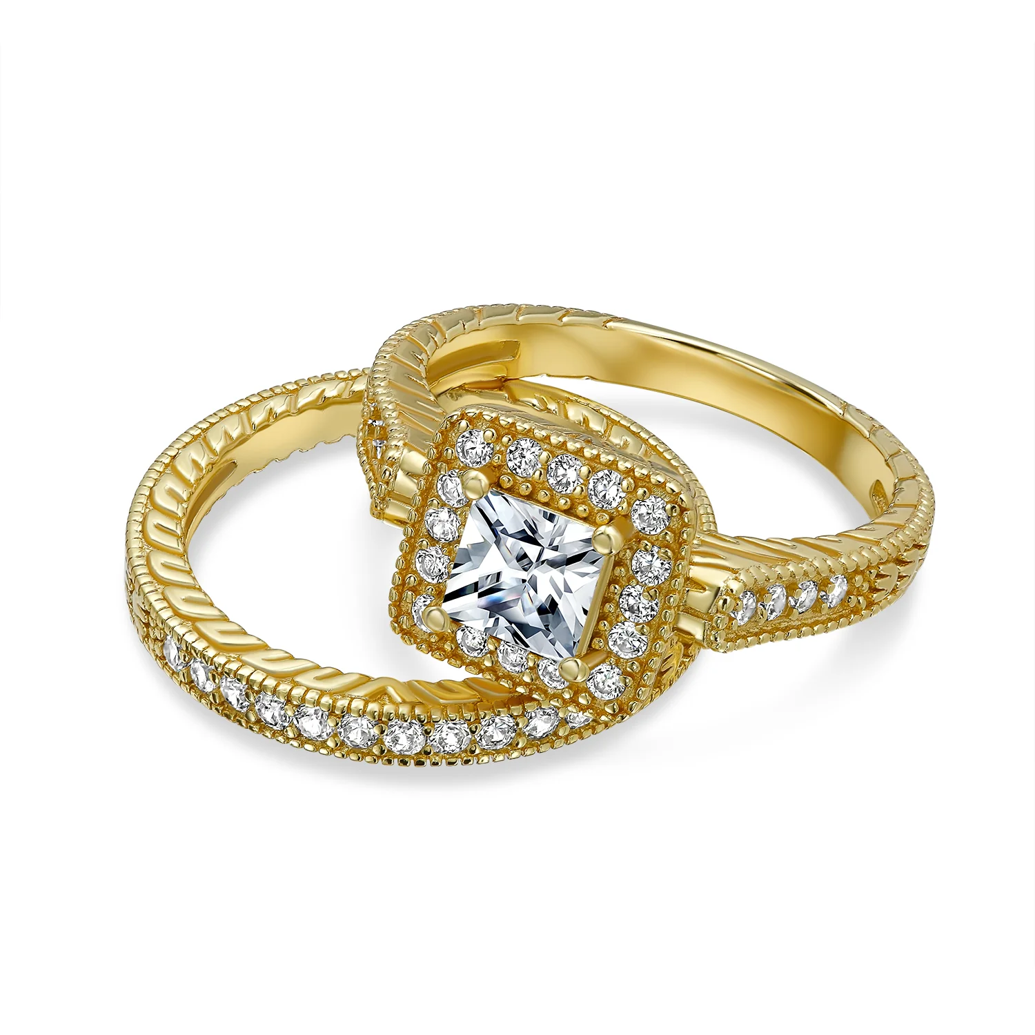 Art Deco Style Cubic Zirconia Halo CZ Princess Cut Solitaire Engagement Ring Band Set Sterling Silver - Image 6
