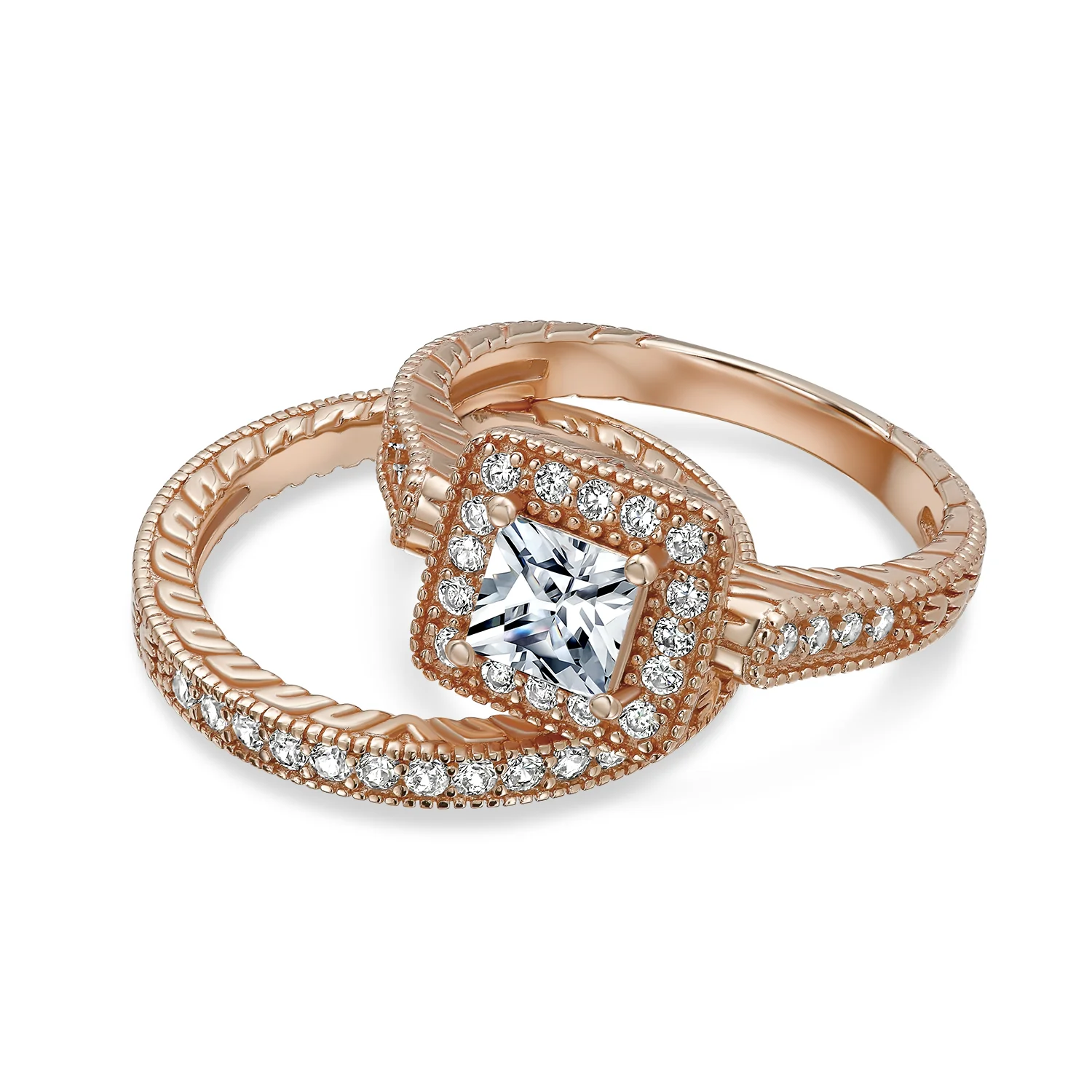 Art Deco Style Cubic Zirconia Halo CZ Princess Cut Solitaire Engagement Ring Band Set Sterling Silver - Image 7