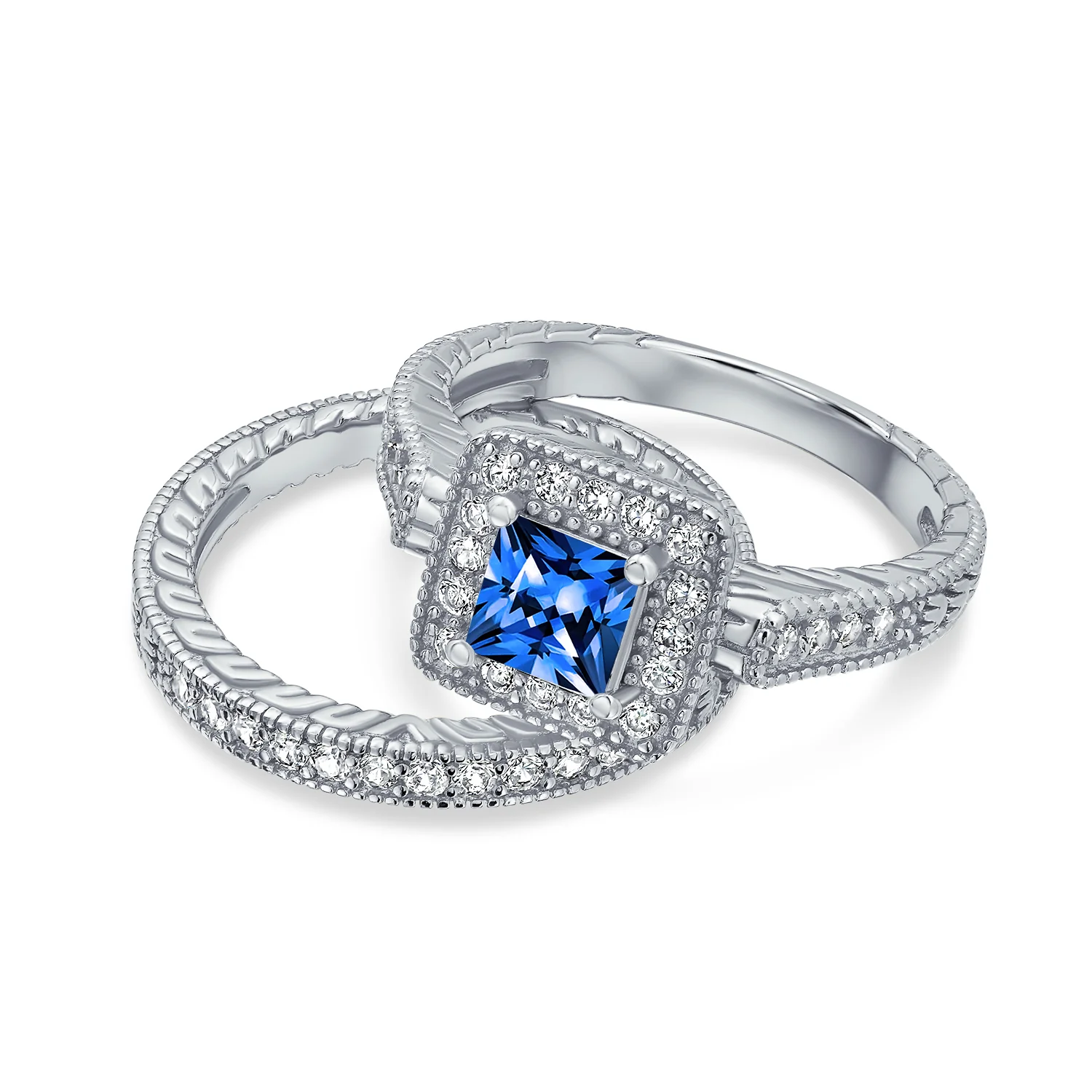 Art Deco Style Cubic Zirconia Halo CZ Princess Cut Solitaire Engagement Ring Band Set Sterling Silver - Image 8