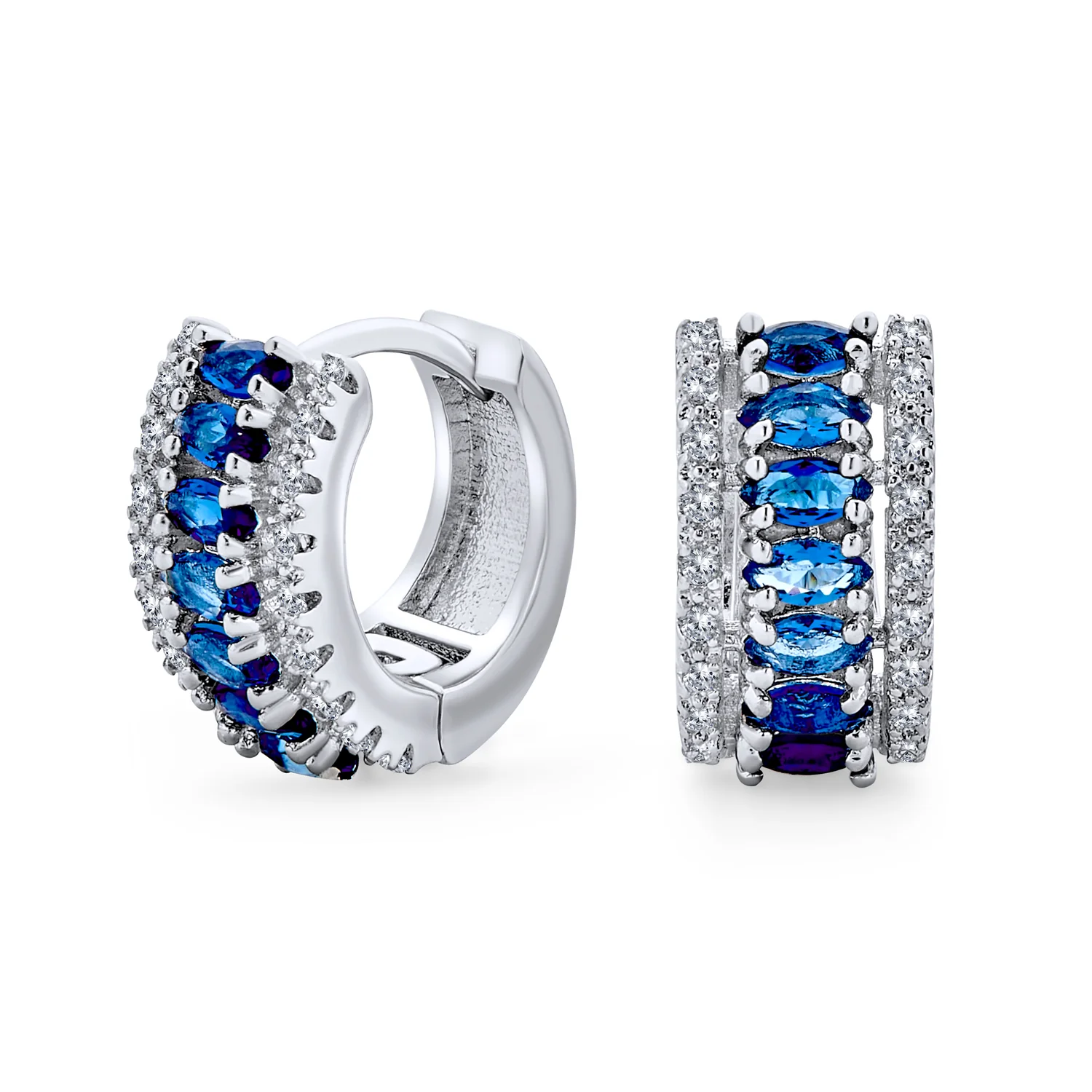 Art Deco Style Royal Blue Clear CZ Edge Cubic Zirconia Huggies Mini Hoop Earrings