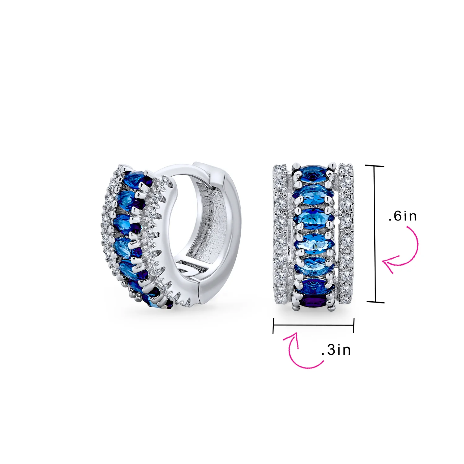 Art Deco Style Royal Blue Clear CZ Edge Cubic Zirconia Huggies Mini Hoop Earrings - Image 5