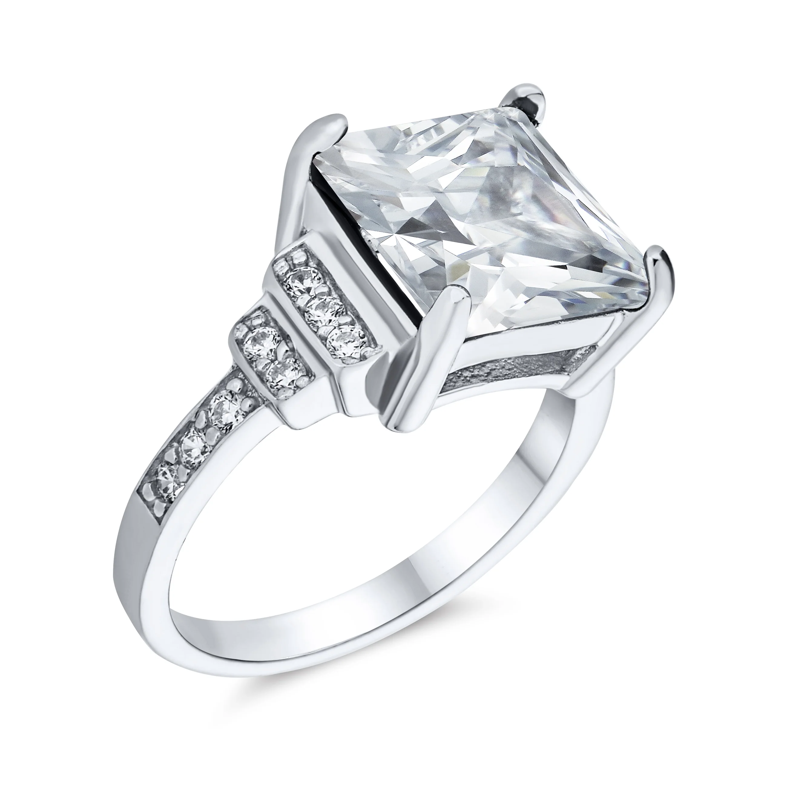 Art Deco Style 5CTW Princess Cut CZ Statement Engagement Ring with Stepped Side Stones Sterling Silver - Image 3