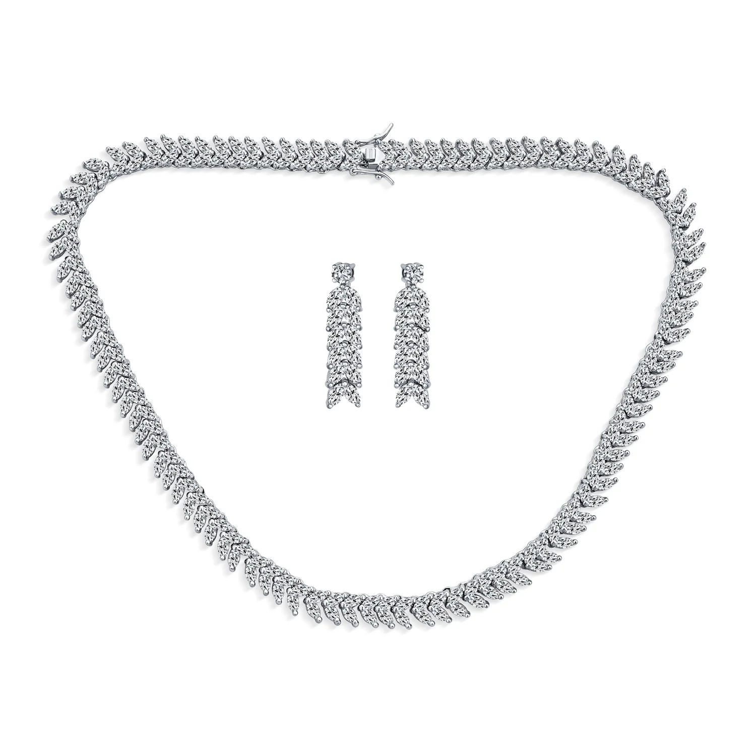 Art Deco Style Jewelry Set Multi Marquise CZ Statement Tennis Necklace & Chandelier Dangle Earrings