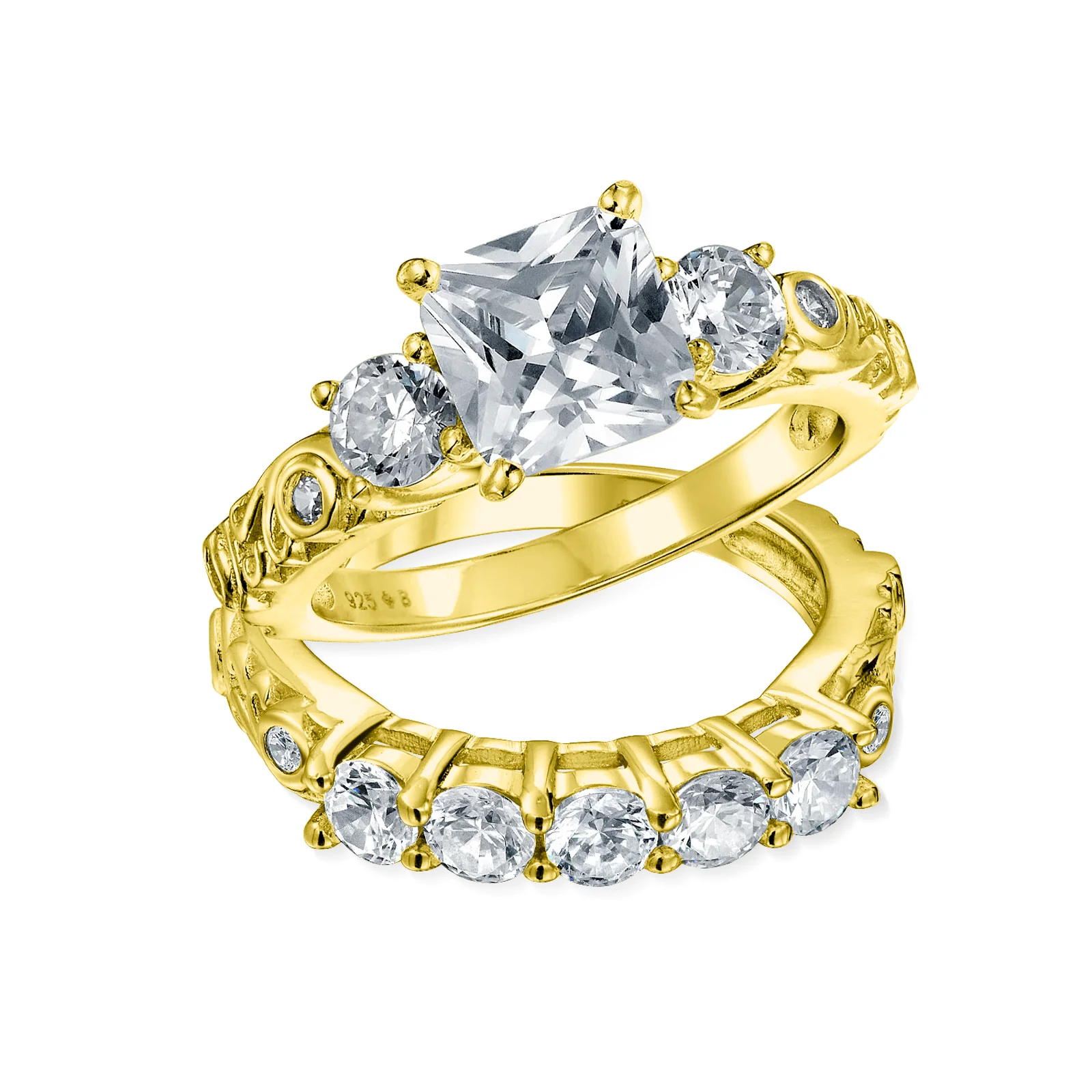 Art Deco Style 3CTW CZ Three Stone Past Present Future Engagement Ring Set Gold Plated Sterling Silver - Image 3