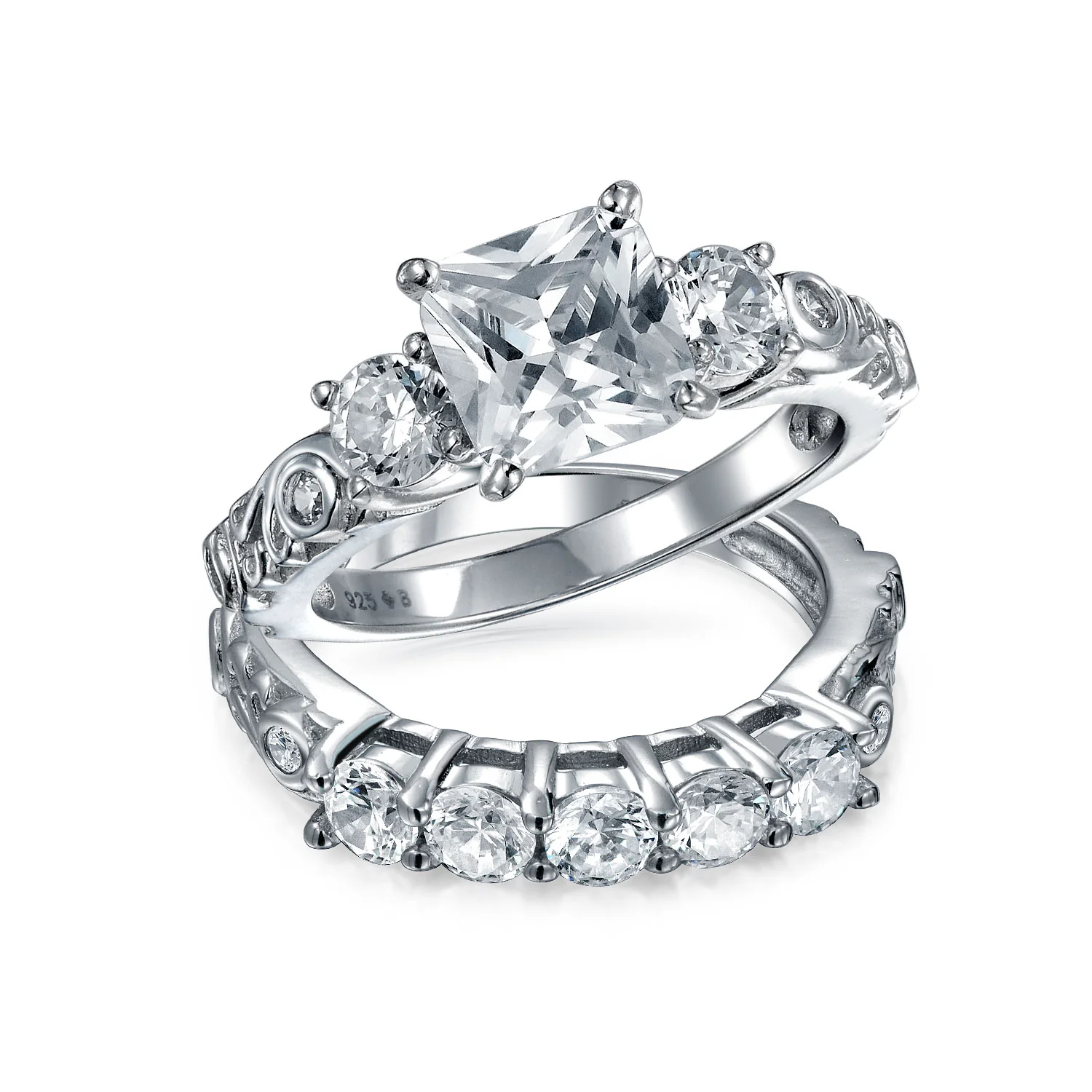 Art Deco Style 3CTW CZ Three Stone Past Present Future Engagement Ring Set Gold Plated Sterling Silver - Image 5