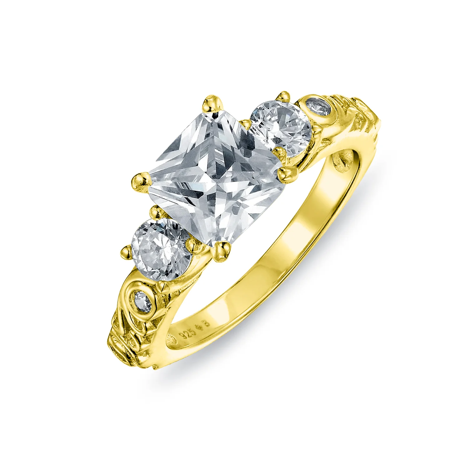 Art Deco Style 3CTW CZ Three Stone Past Present Future Engagement Ring Set Gold Plated Sterling Silver - Image 6
