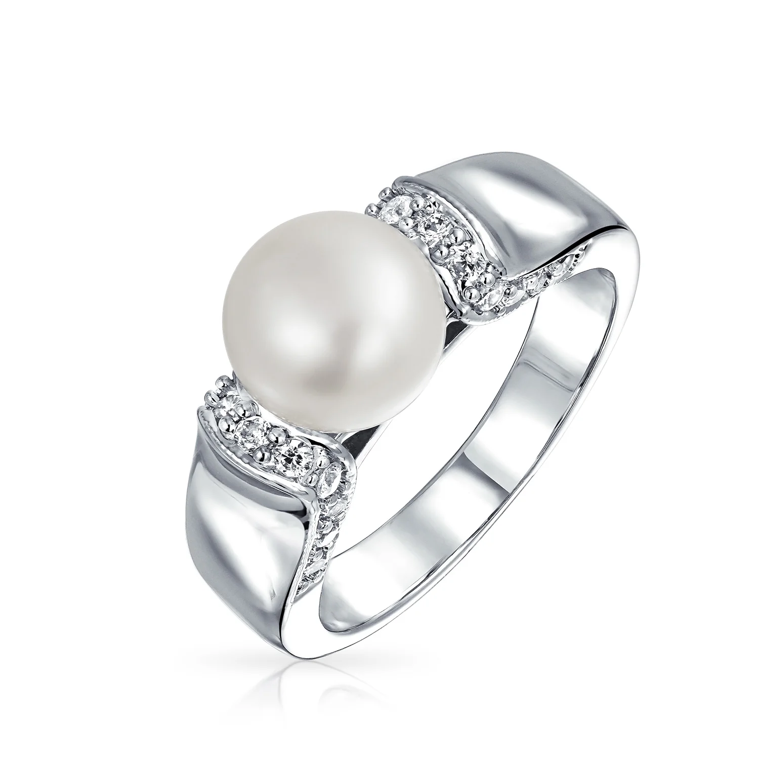 Art Deco Style White Freshwater Cultured Pearl Ring Pave CZ Accent Band - Image 3