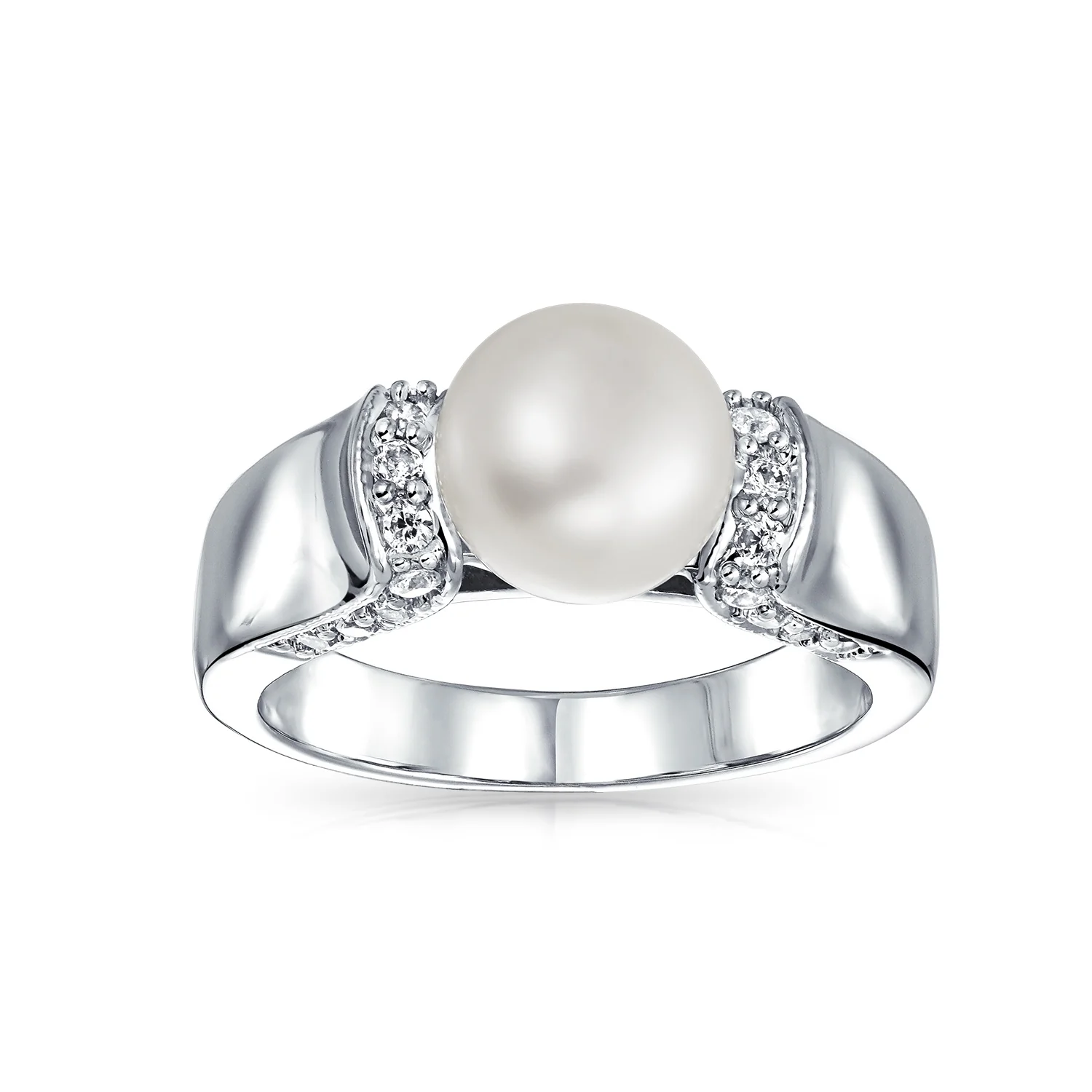 Art Deco Style White Freshwater Cultured Pearl Ring Pave CZ Accent Band - Image 8