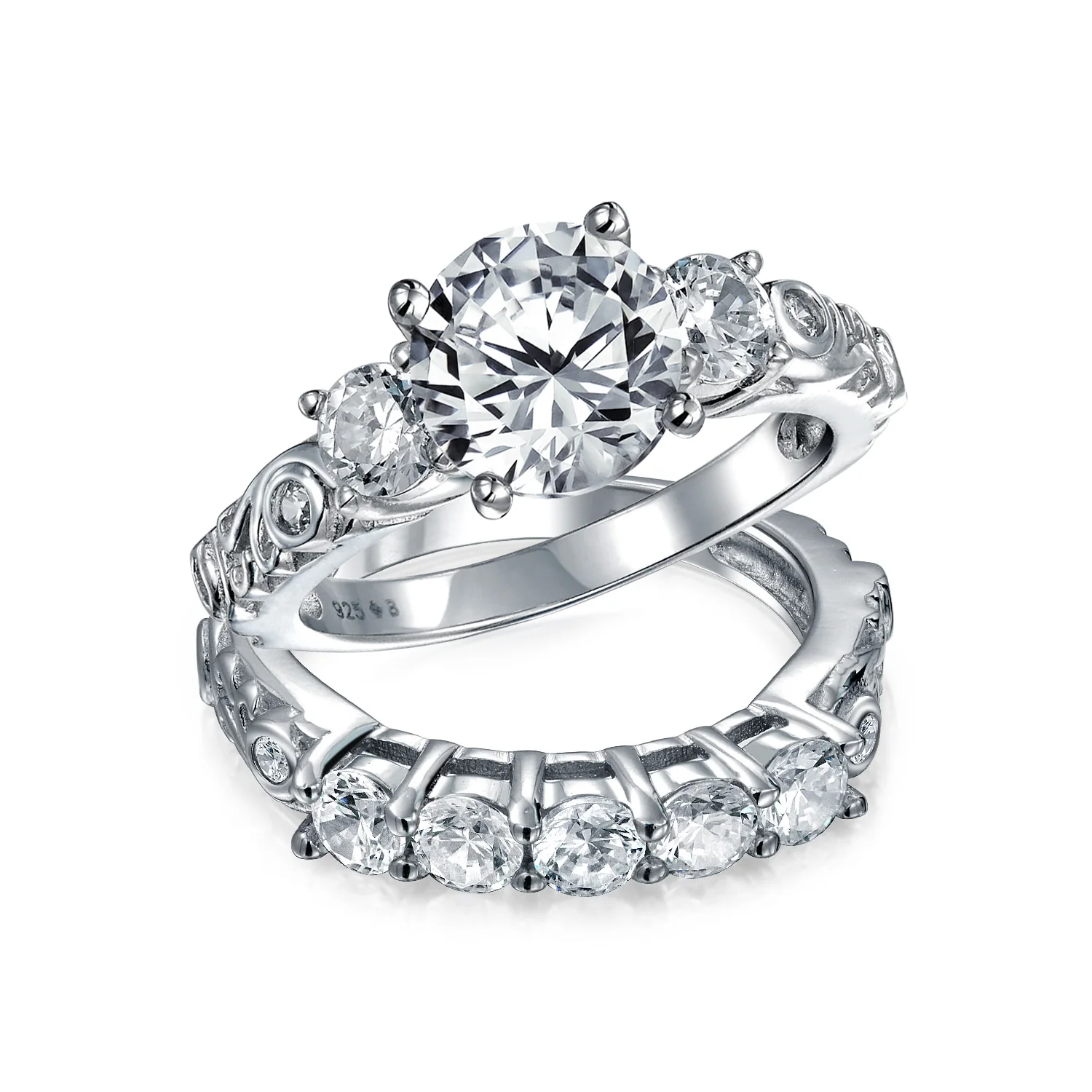 3CT Round Solitaire 3 Stone Engagement Ring Set Cubic Zirconia Past Present Future CZ Sterling Silver - Image 2