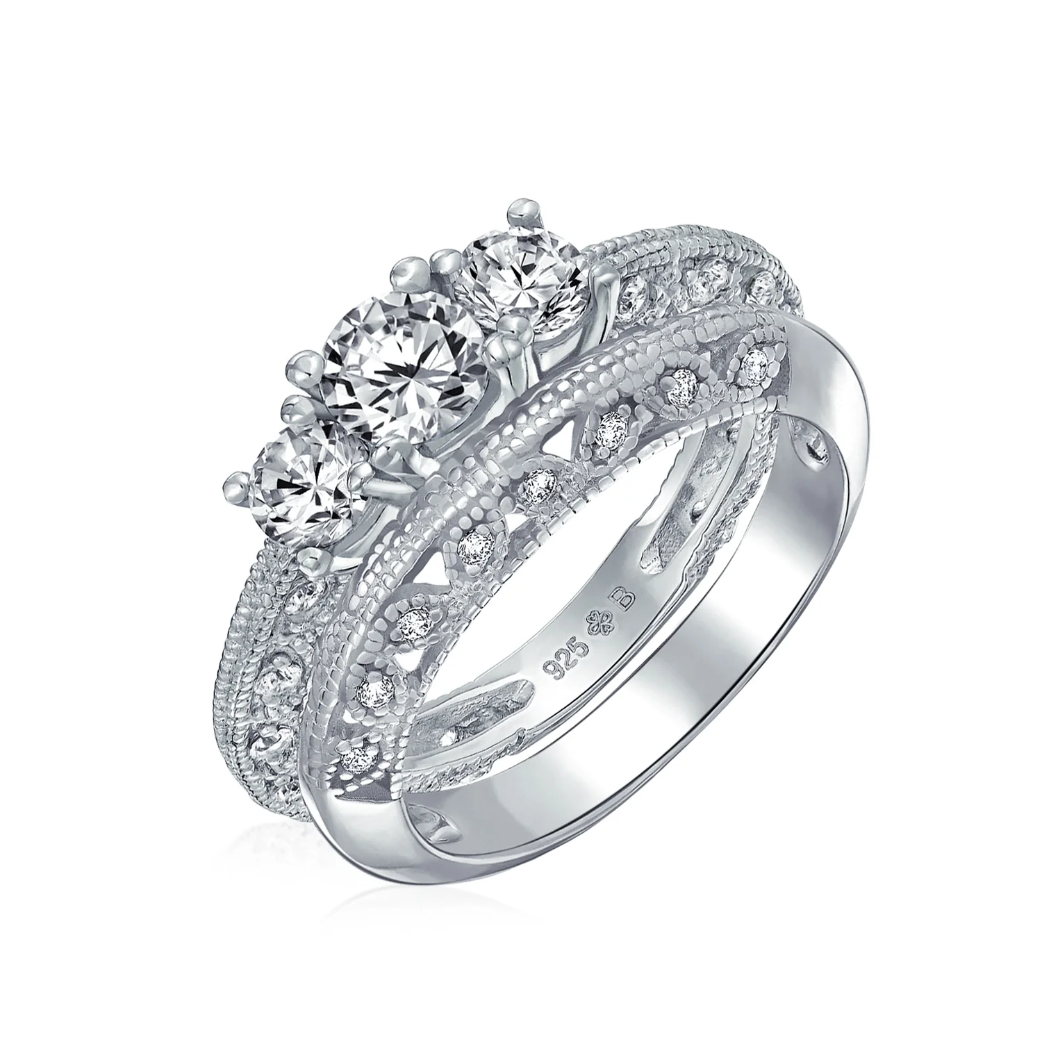 Filigree 3CT Round Solitaire 3 Stone CZ Engagement Ring Set Band Sterling Silver - Image 2