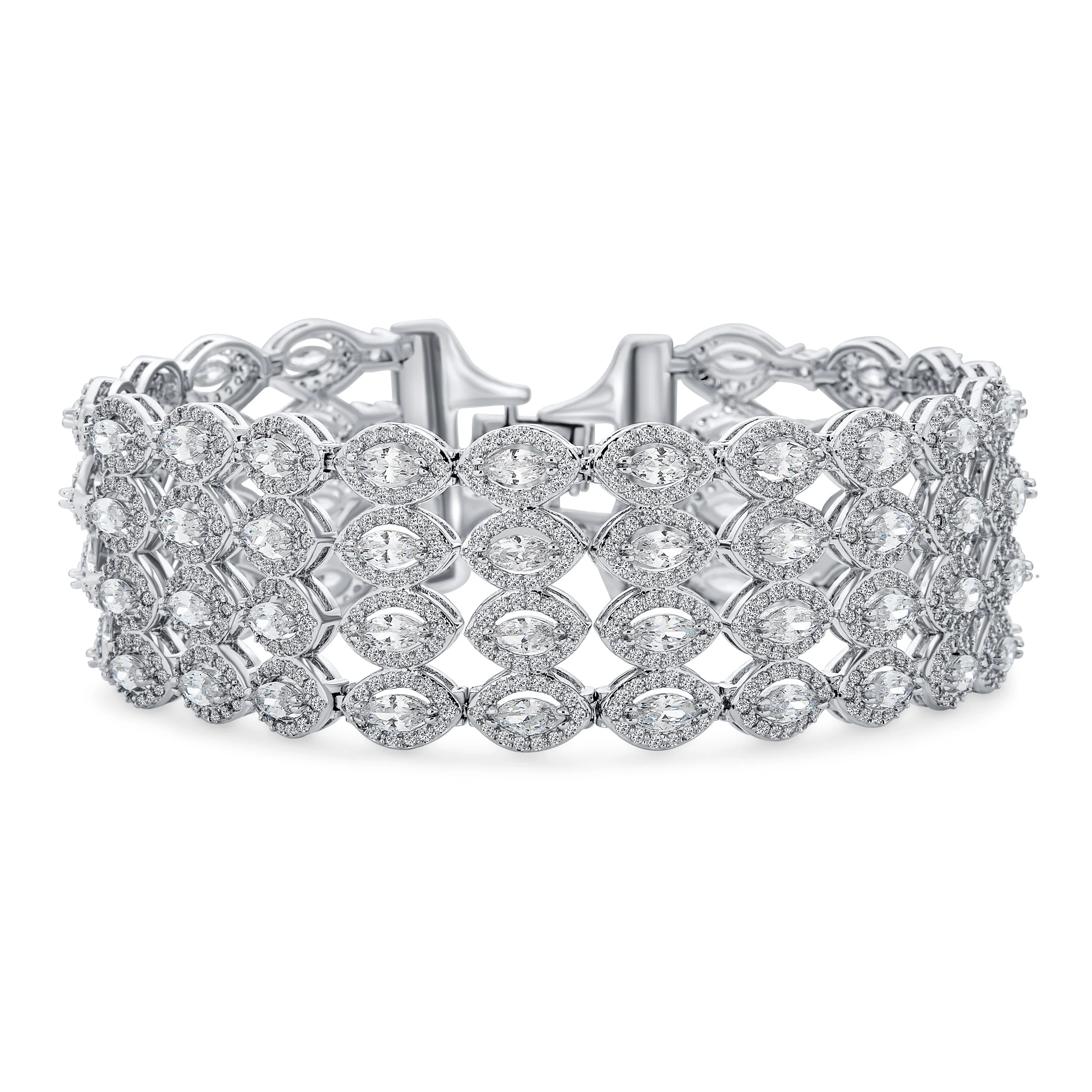 Art Deco CZ Marquise 4 Row Wide Tennis Bracelet Silver