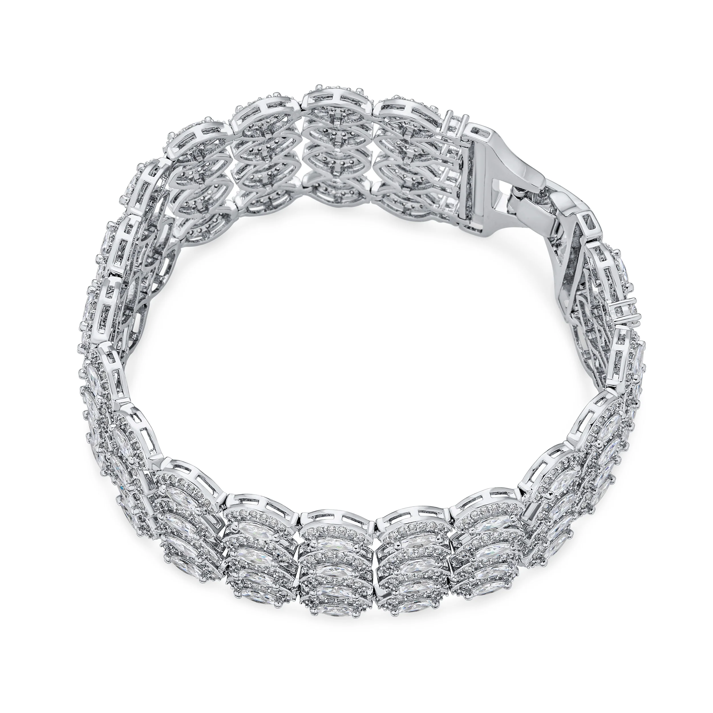 Art Deco CZ Marquise 4 Row Wide Tennis Bracelet Silver - Image 2