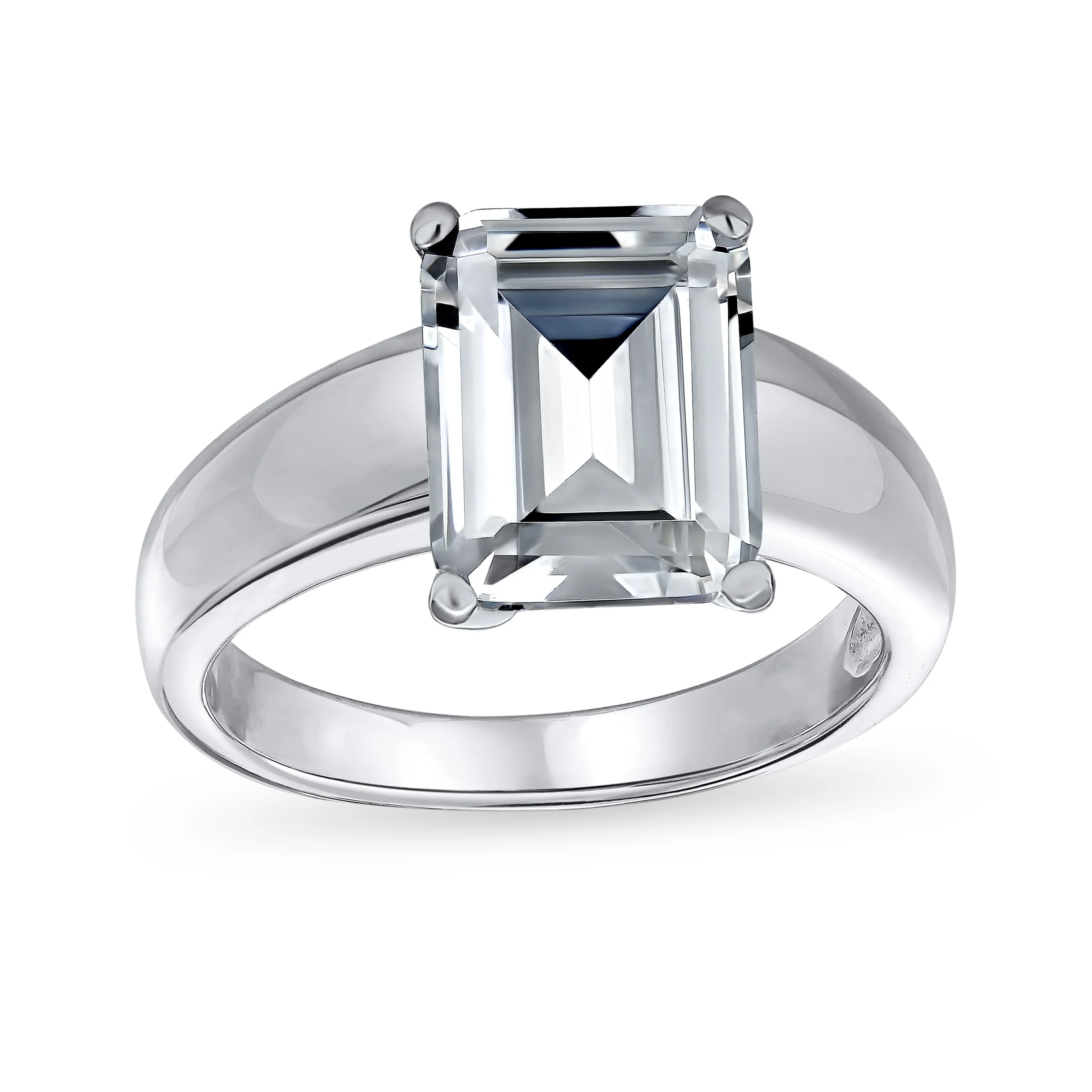 Classic 3CT CZ Solitaire Rectangle Emerald Cut Engagement Ring .925 Sterling Silver Wide Band
