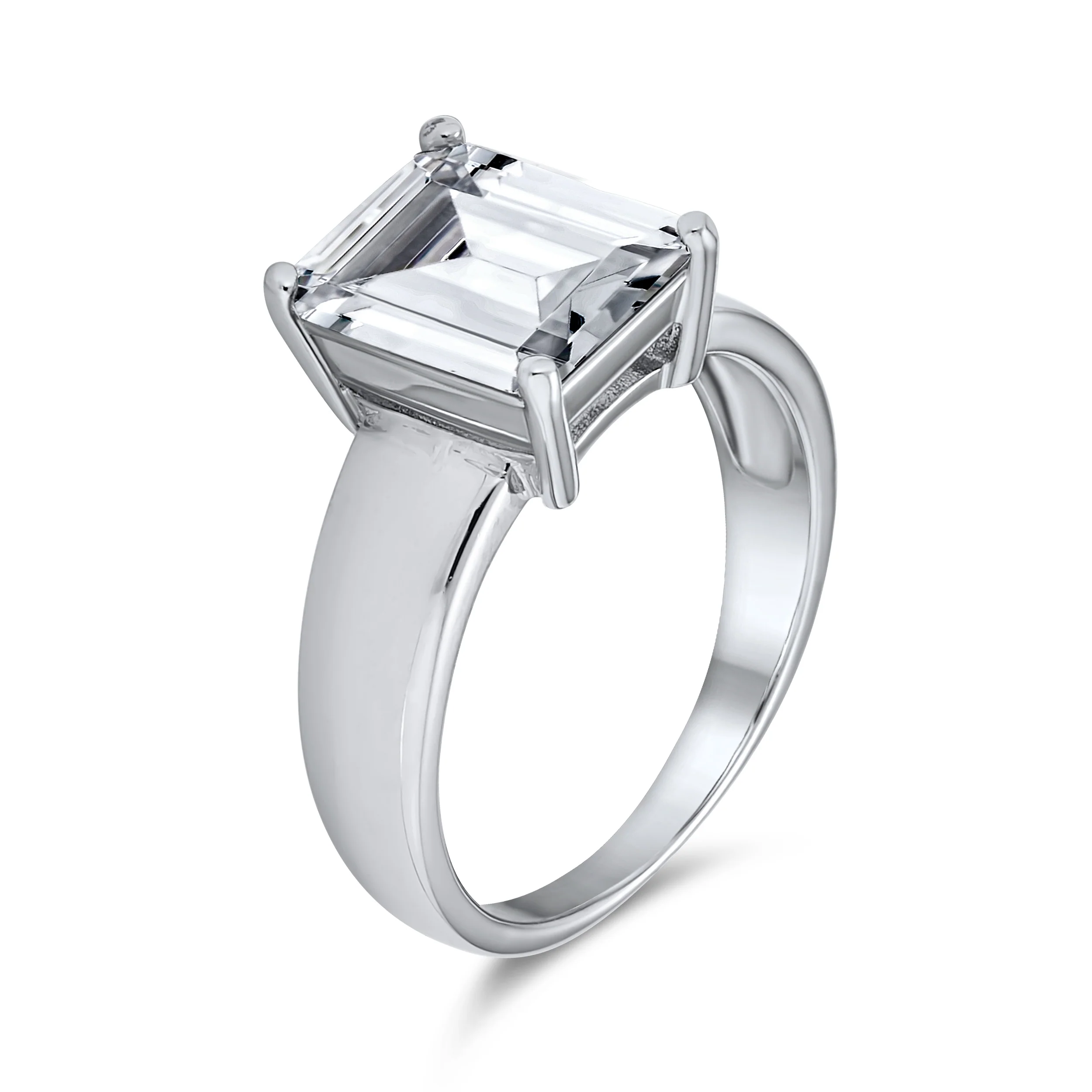 Classic 3CT CZ Solitaire Rectangle Emerald Cut Engagement Ring .925 Sterling Silver Wide Band - Image 2