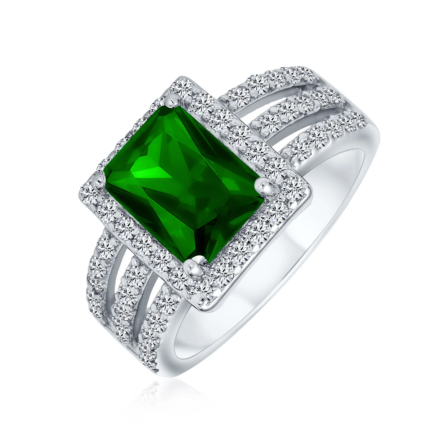 Art Deco Style 3CT CZ Emerald Cut Halo Engagement Ring Wide Band .925 Sterling Silver - Image 3