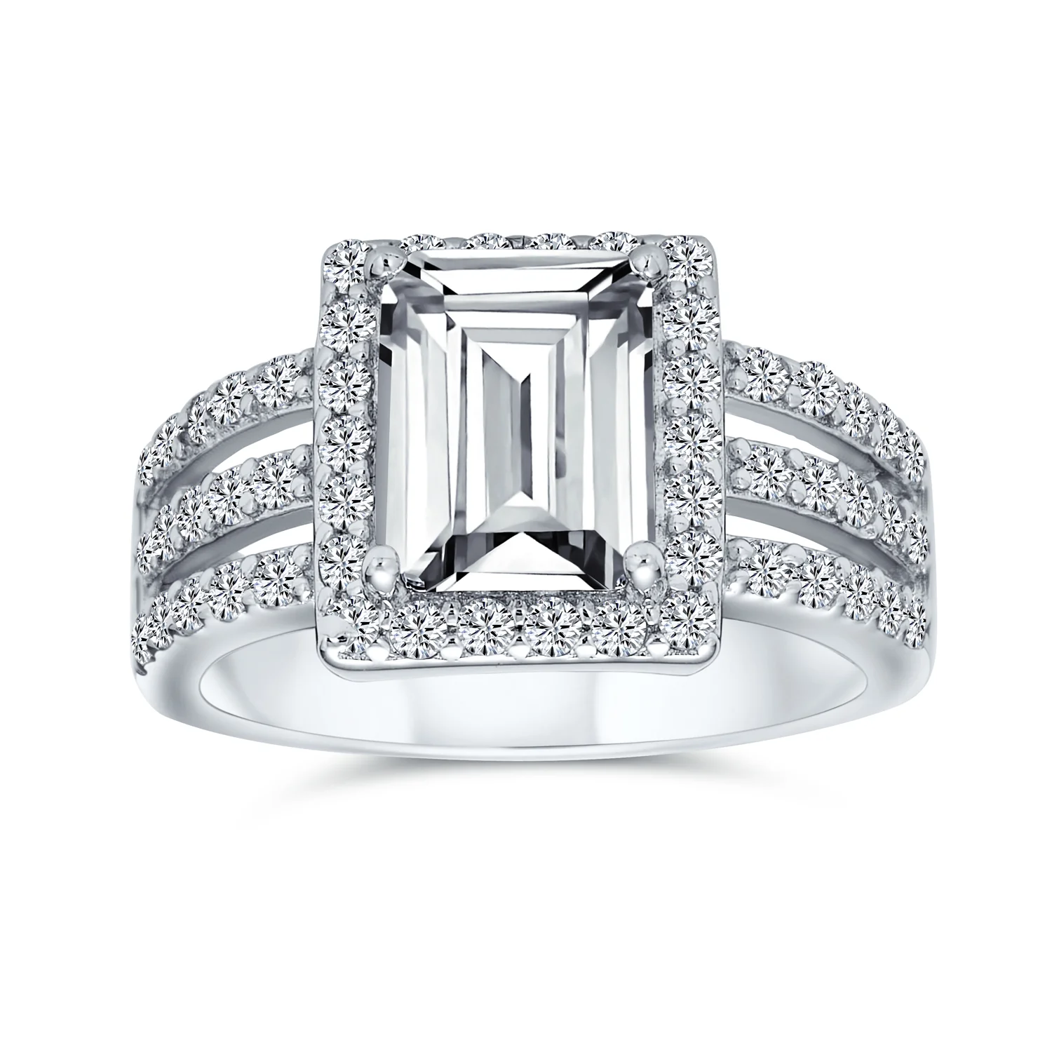 Art Deco Style 3CT CZ Emerald Cut Halo Engagement Ring Wide Band .925 Sterling Silver - Image 4